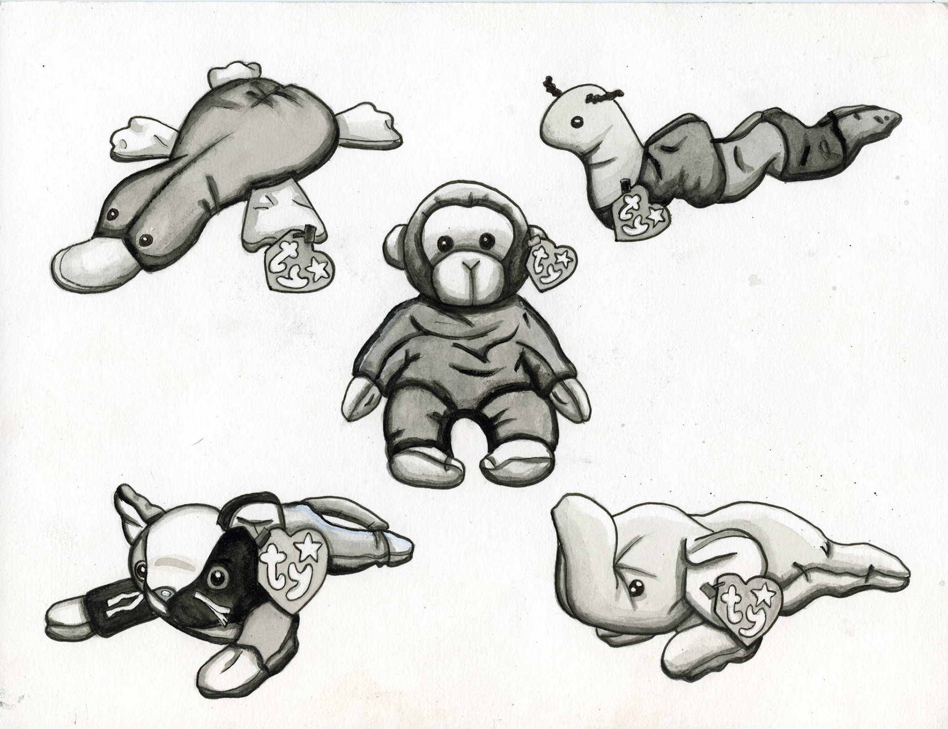 Beanie Baby Flash (black and white), 2024, pen and gouache