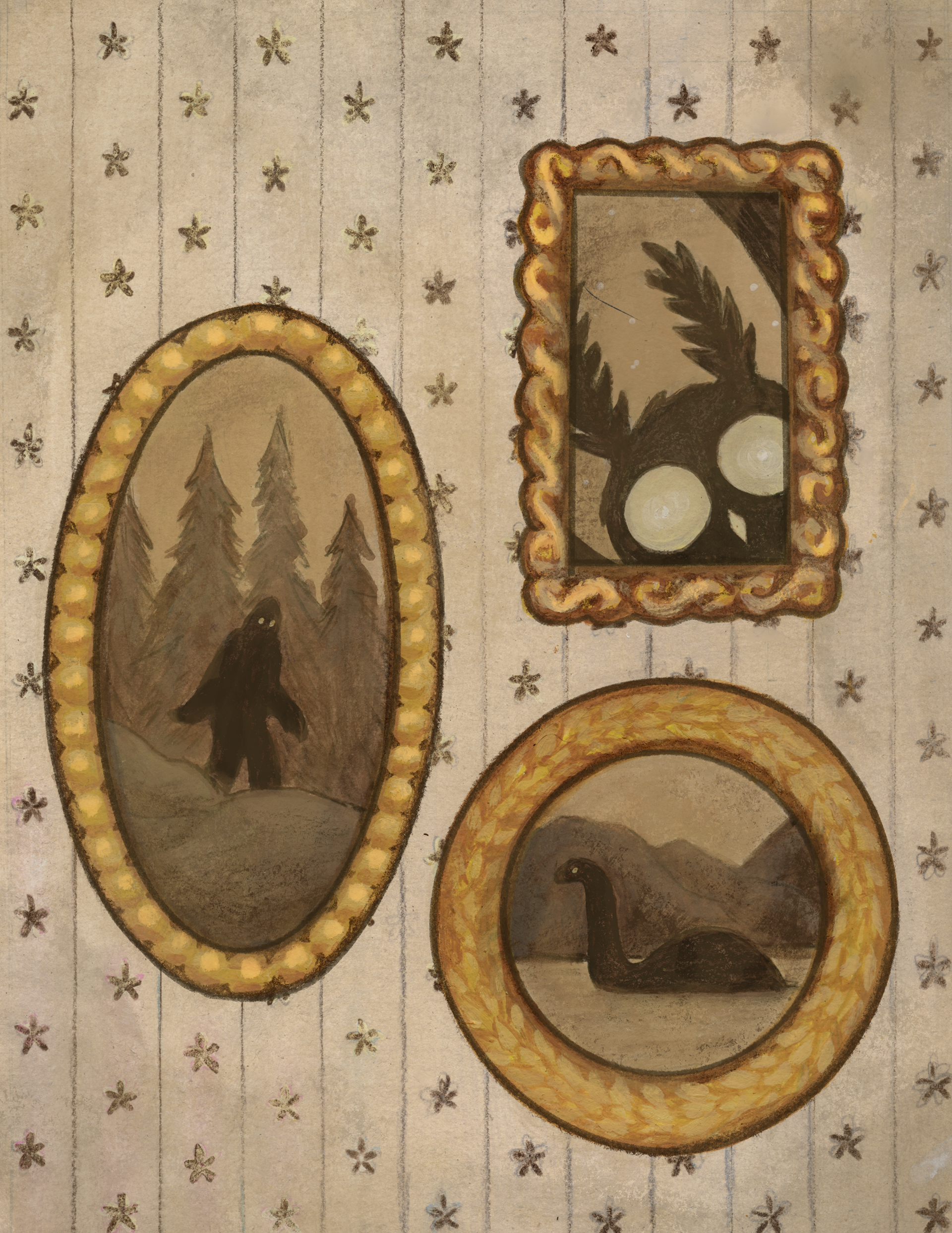 Cryptids, 2024, gouache on paper