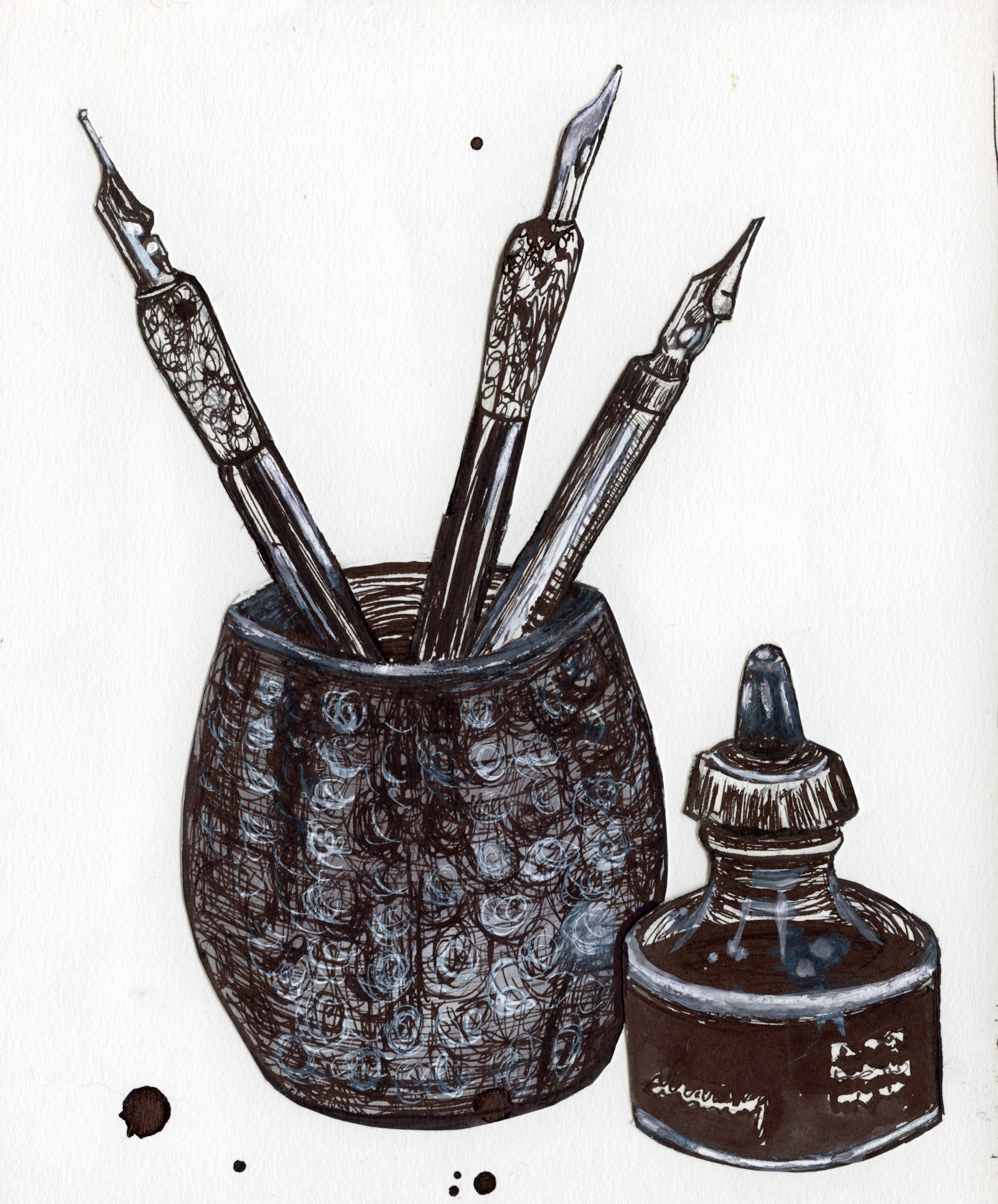 Quills and Ink Still-Life, 2021, ink