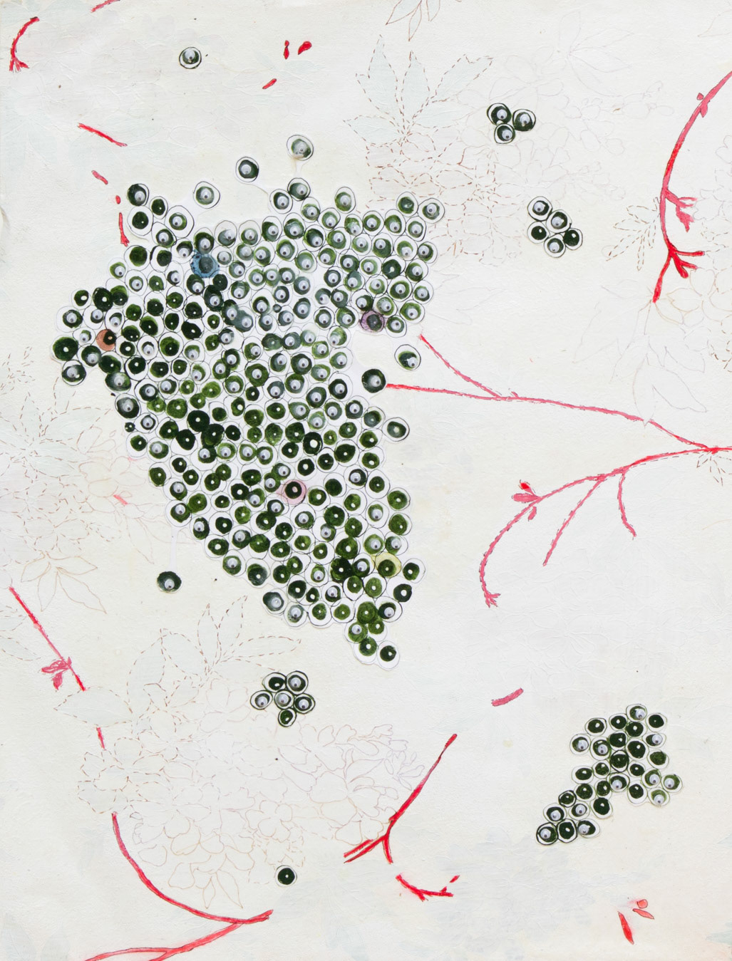 Frog Eggs, 2022, ink, watercolor, googly eyes and glue on wallpaper
