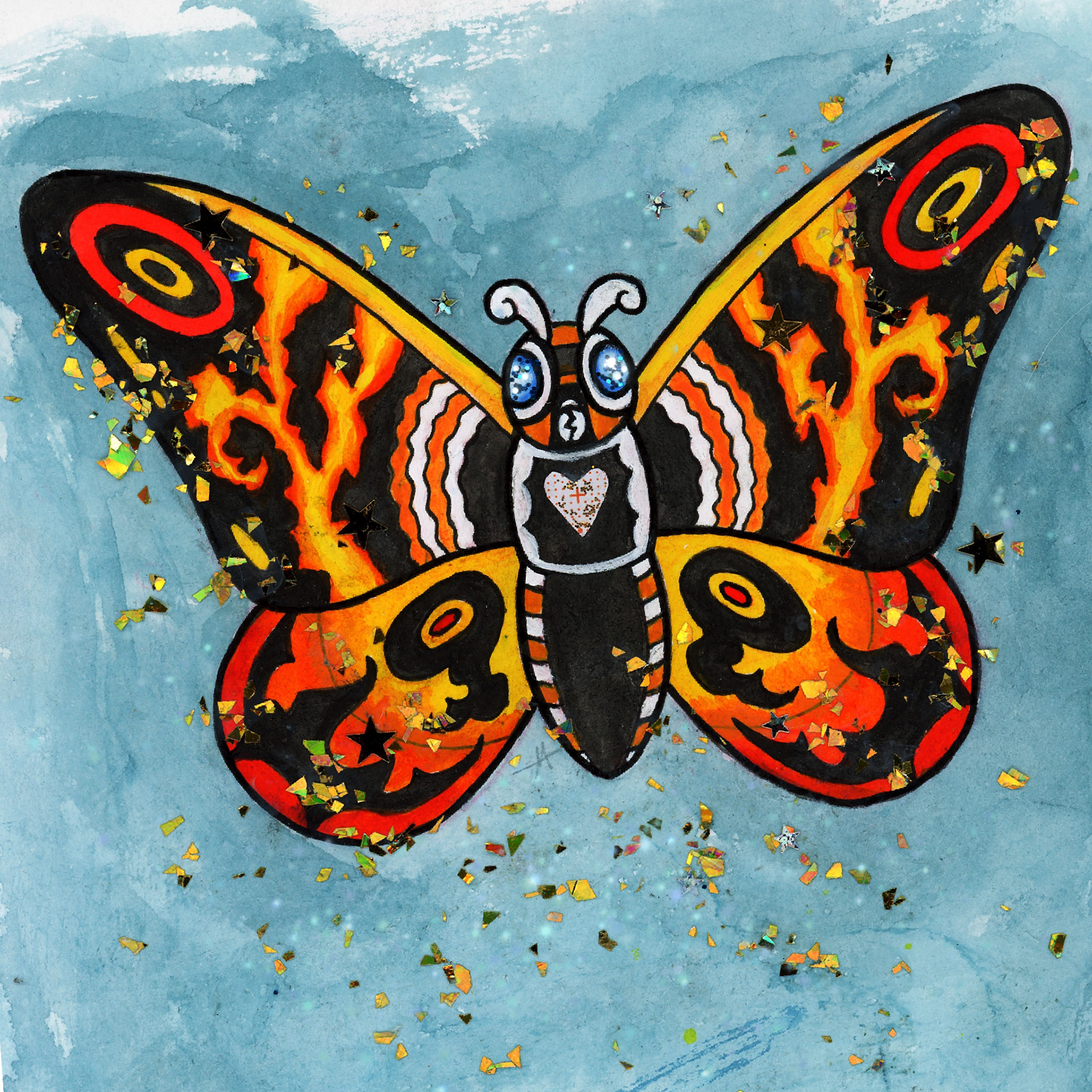 Mothraaa, 2026, mixed media (watercolor and gouache, glitter)