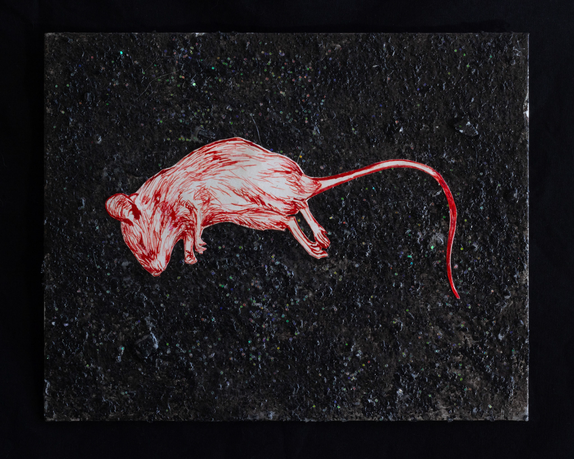 Mouse, 2023, ink on paper, ash, glitter on canvas board