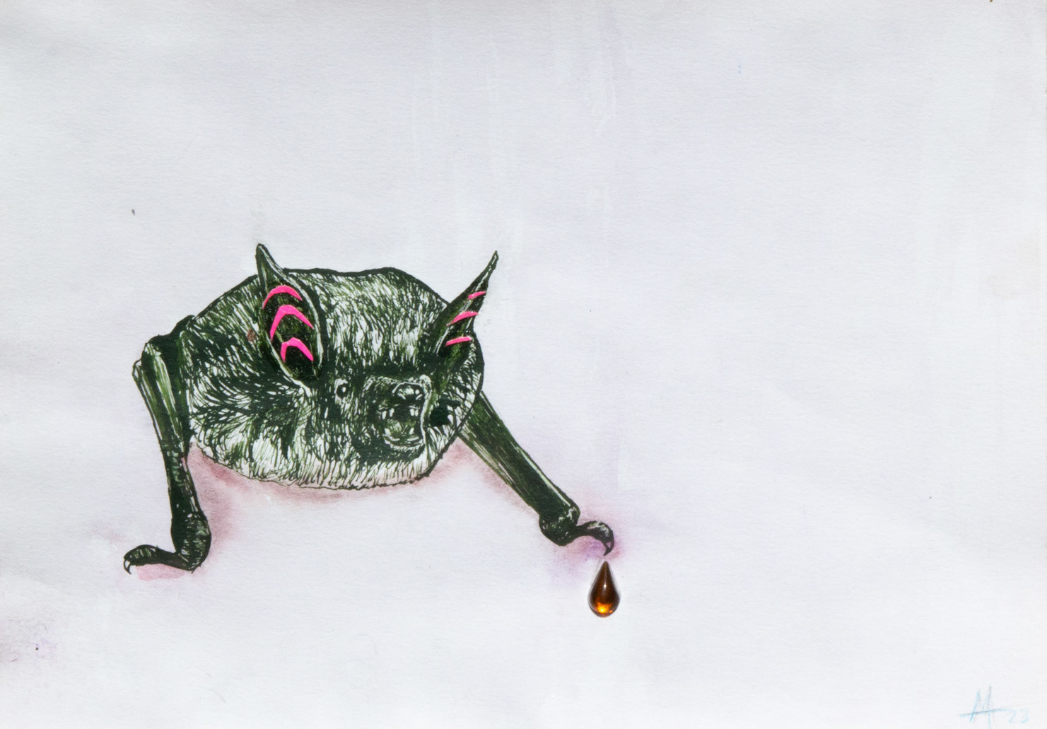 Bat, 2022, ink, watercolor, false gem on paper