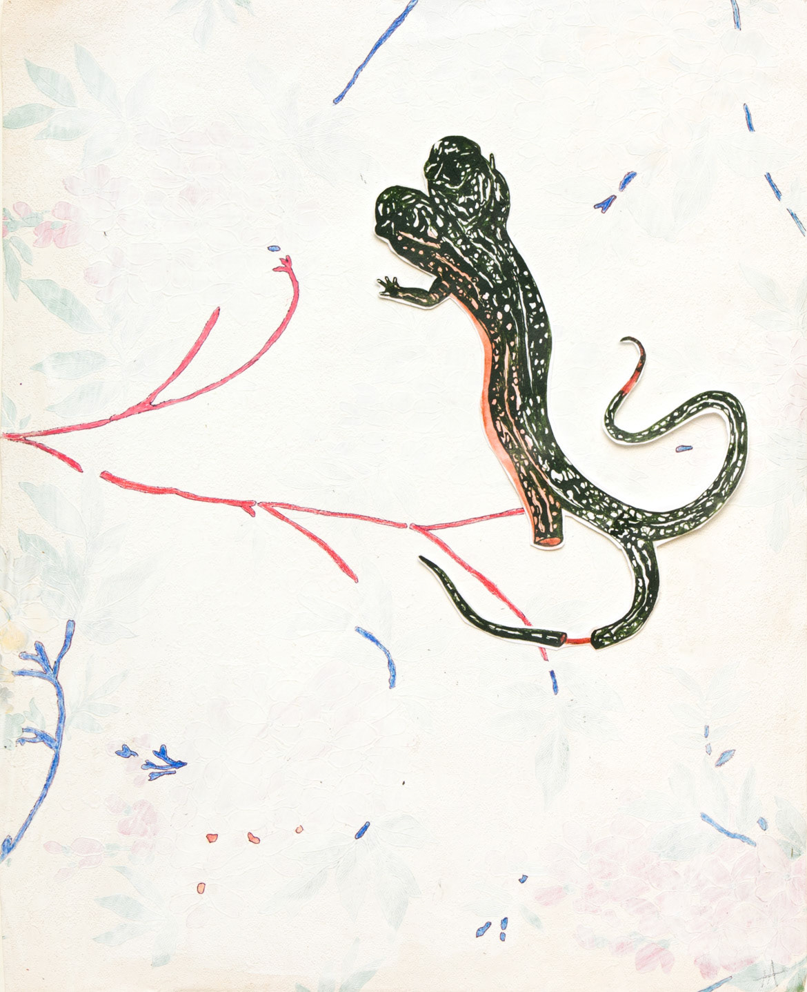 Salamander, 2022, ink, watercolor and acrylic on paper and wallpaper