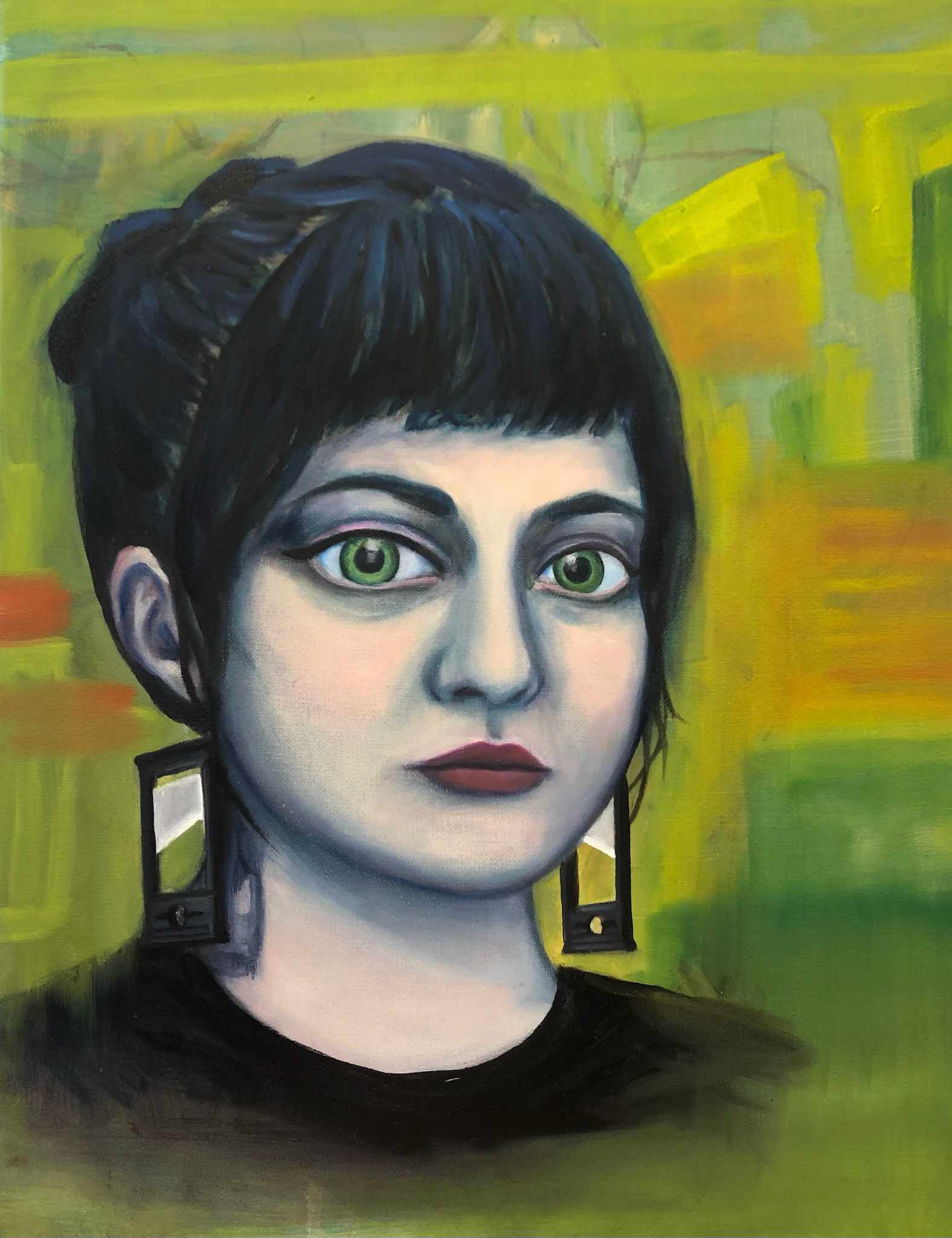 Self Portrait with Guillotine Earrings, 2022, oil on canvas