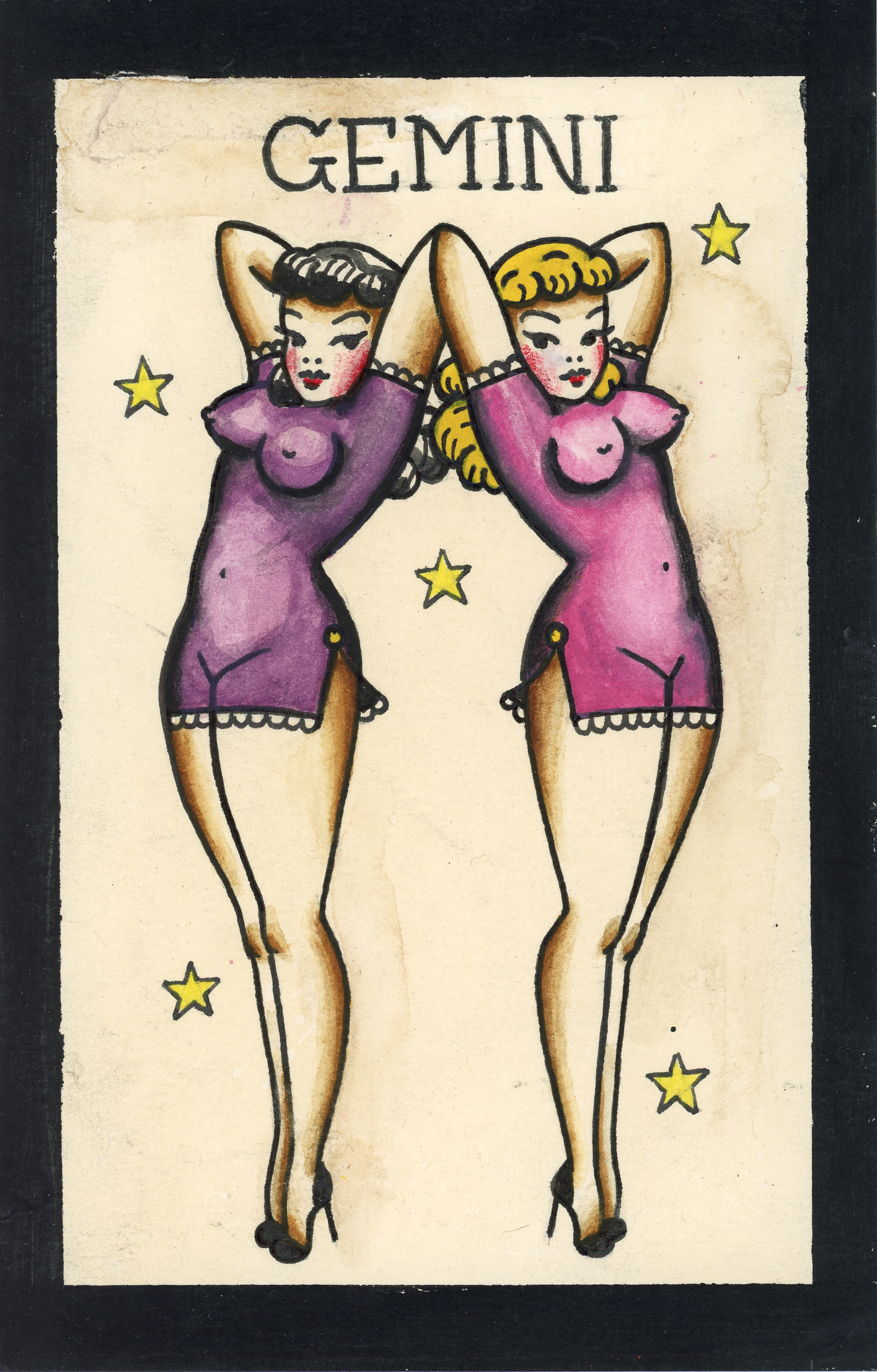 American Traditional: Gemini, 2025, pen and liquid watercolor