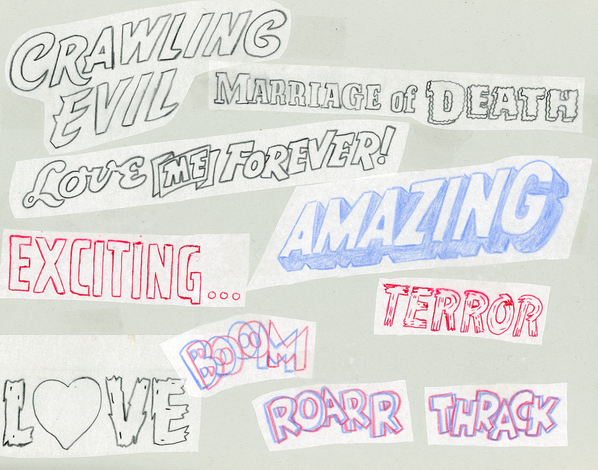 Traced Comic Letters 1, 2023, colored pencil on tracing paper