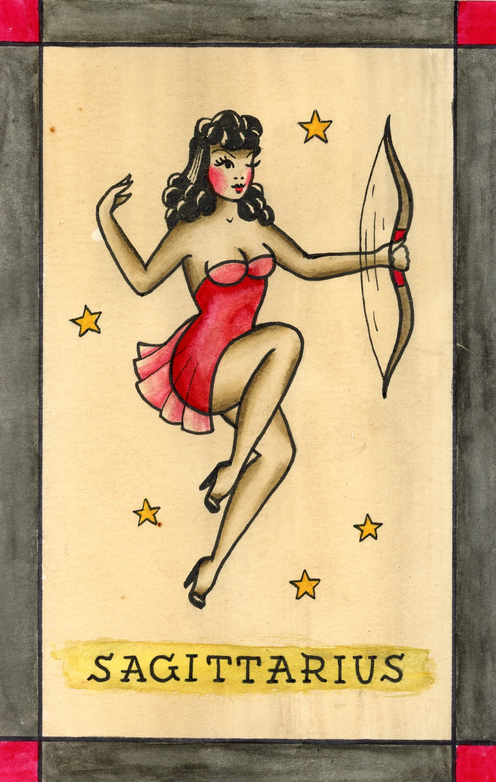 American Traditional Sagittarius, 2025, liquid watercolor and marker