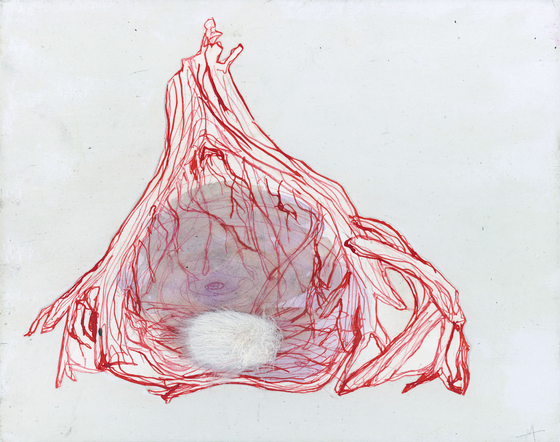Den, 2023, ink, watercolor, and faux fur on paper
