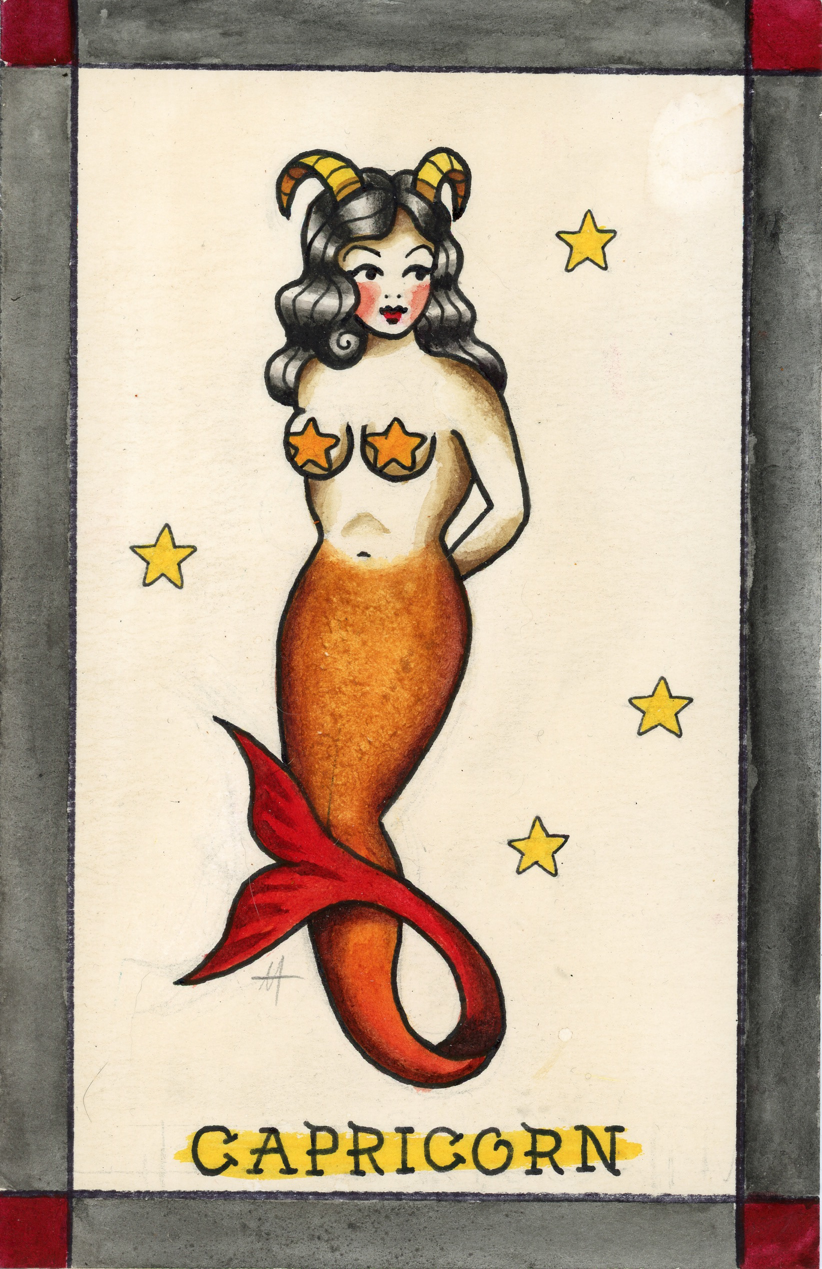 American Traditional Capricorn, 2025, liquid watercolor and marker