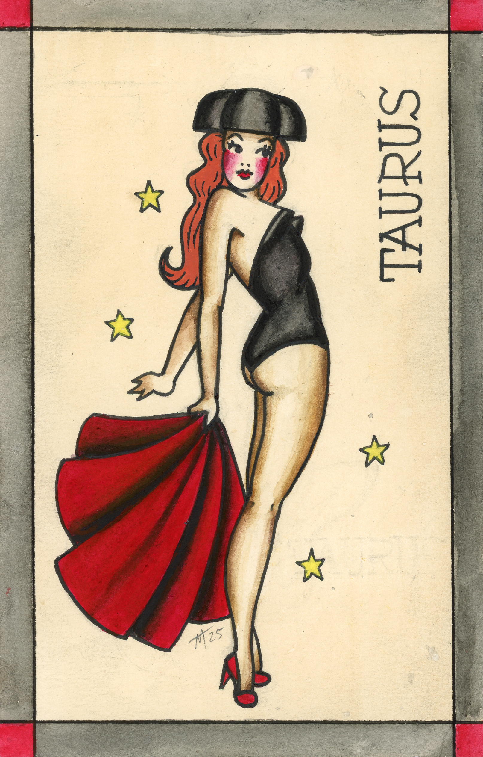 American Traditional Taurus, 2025, liquid watercolor and marker