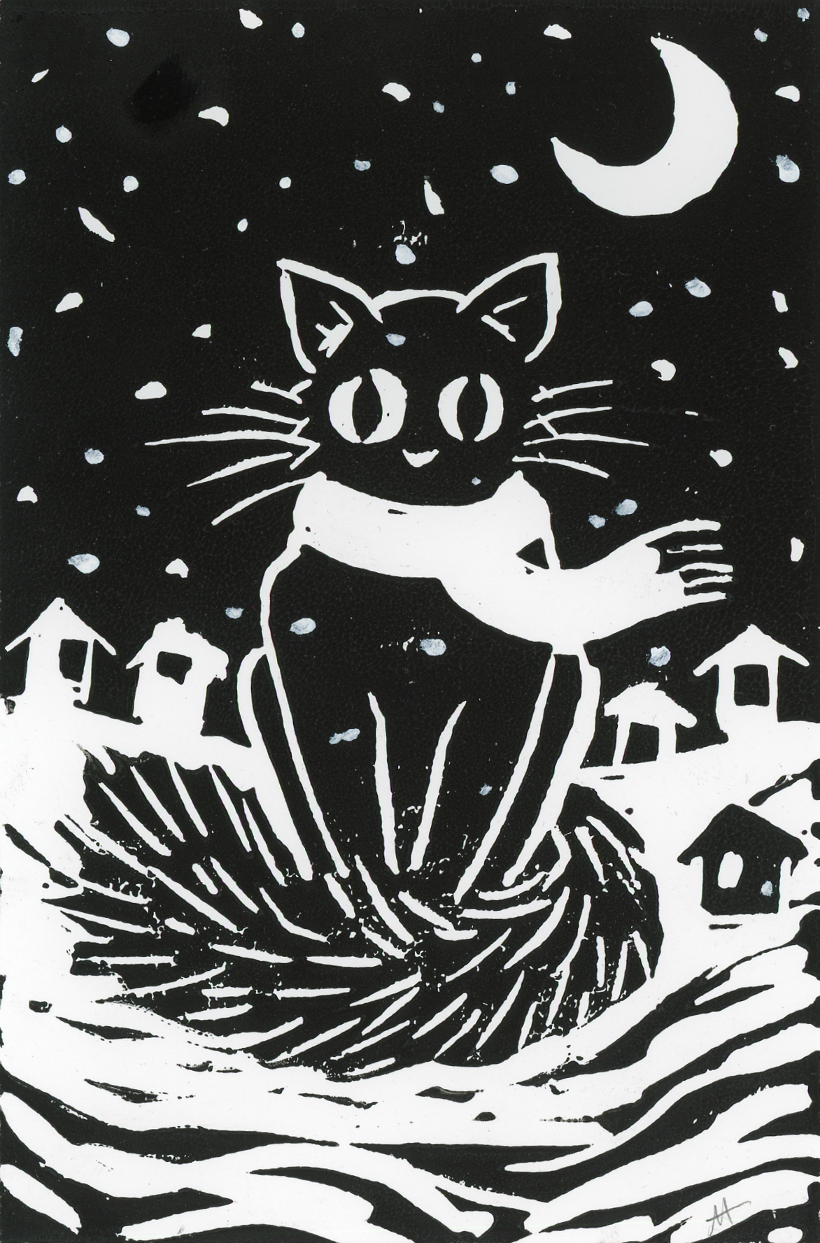 Yule Cat, 2024, block print on paper