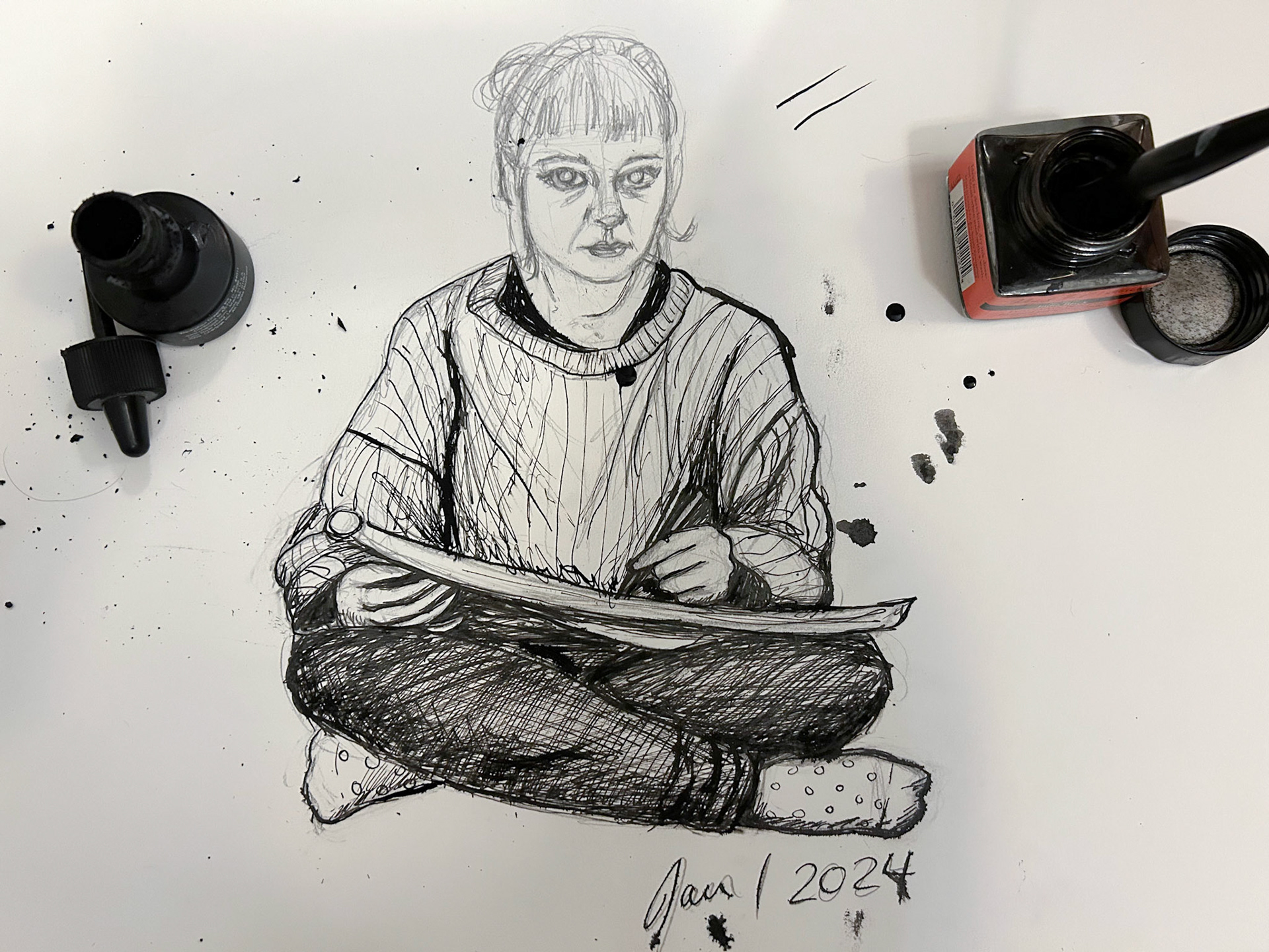 New Year's Self-portrait, 2024, ink quill