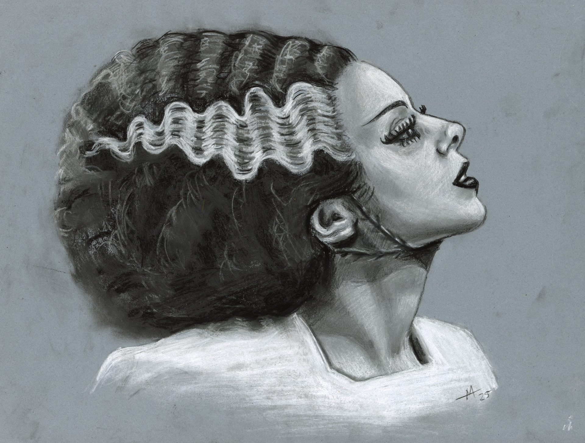 Bride, 2025, black and white charcoal on paper