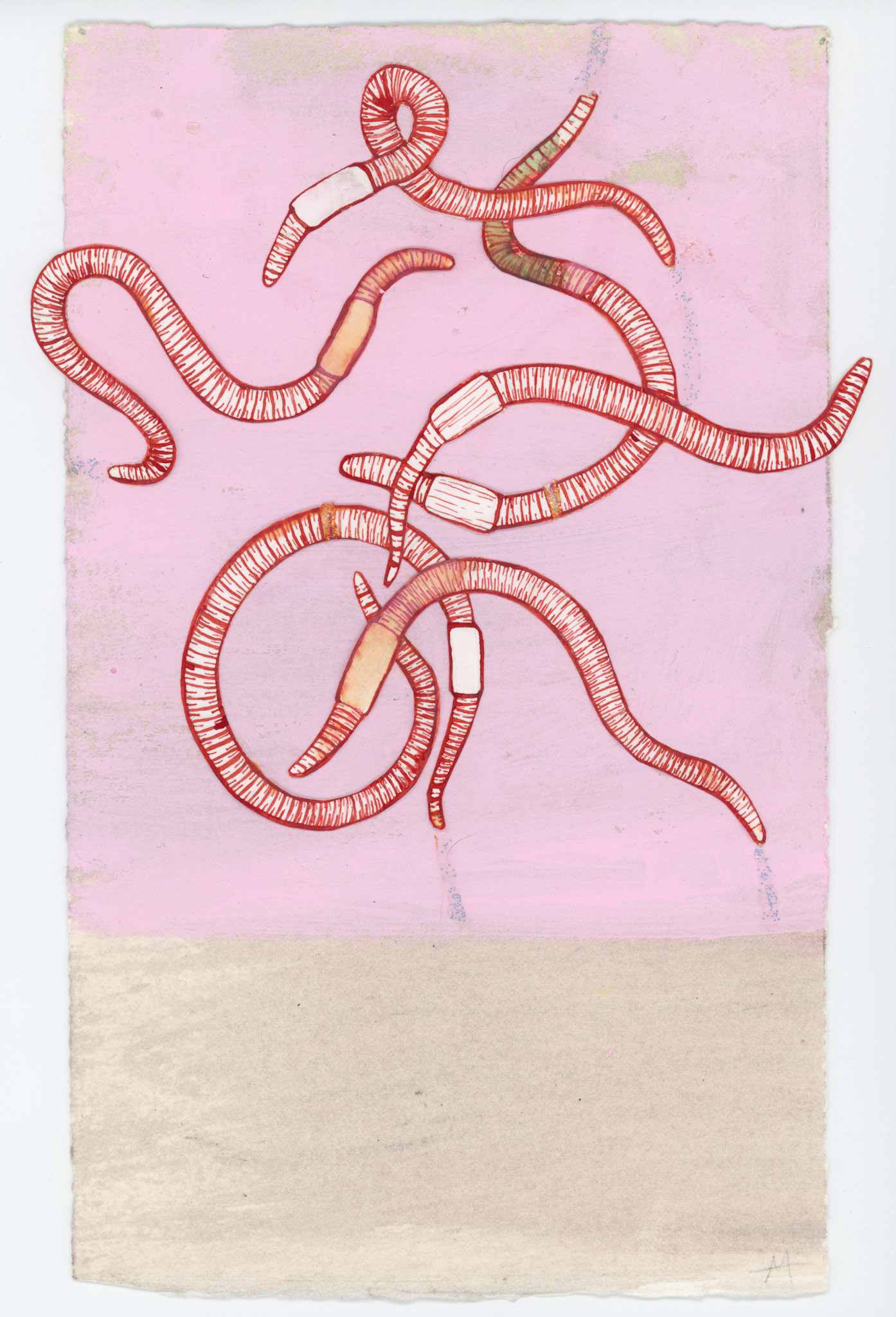 Worms, 2022, ink, watercolor, glitter on paper