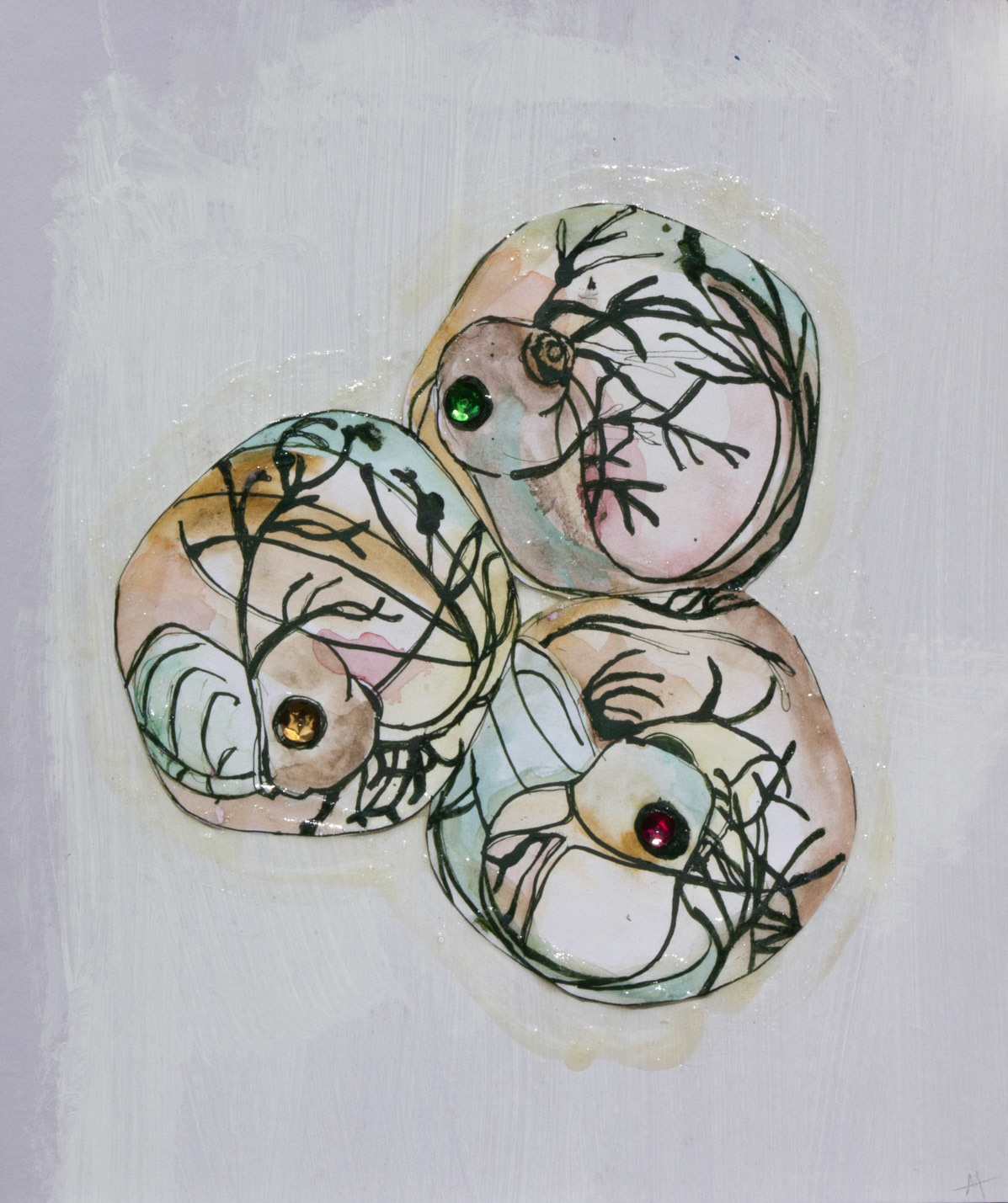 Tadpoles, 2022, ink, watercolor, glue, and sequins on paper
