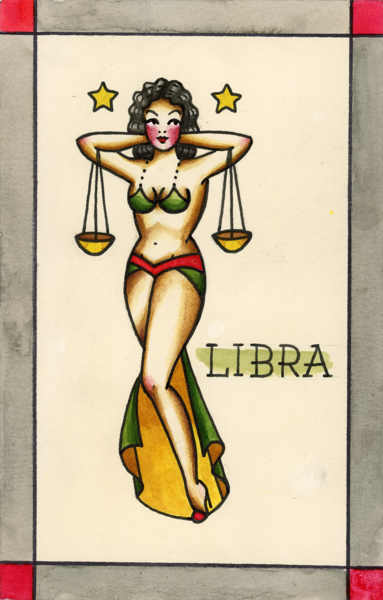 American Traditional Libra, 2025, liquid watercolor and marker