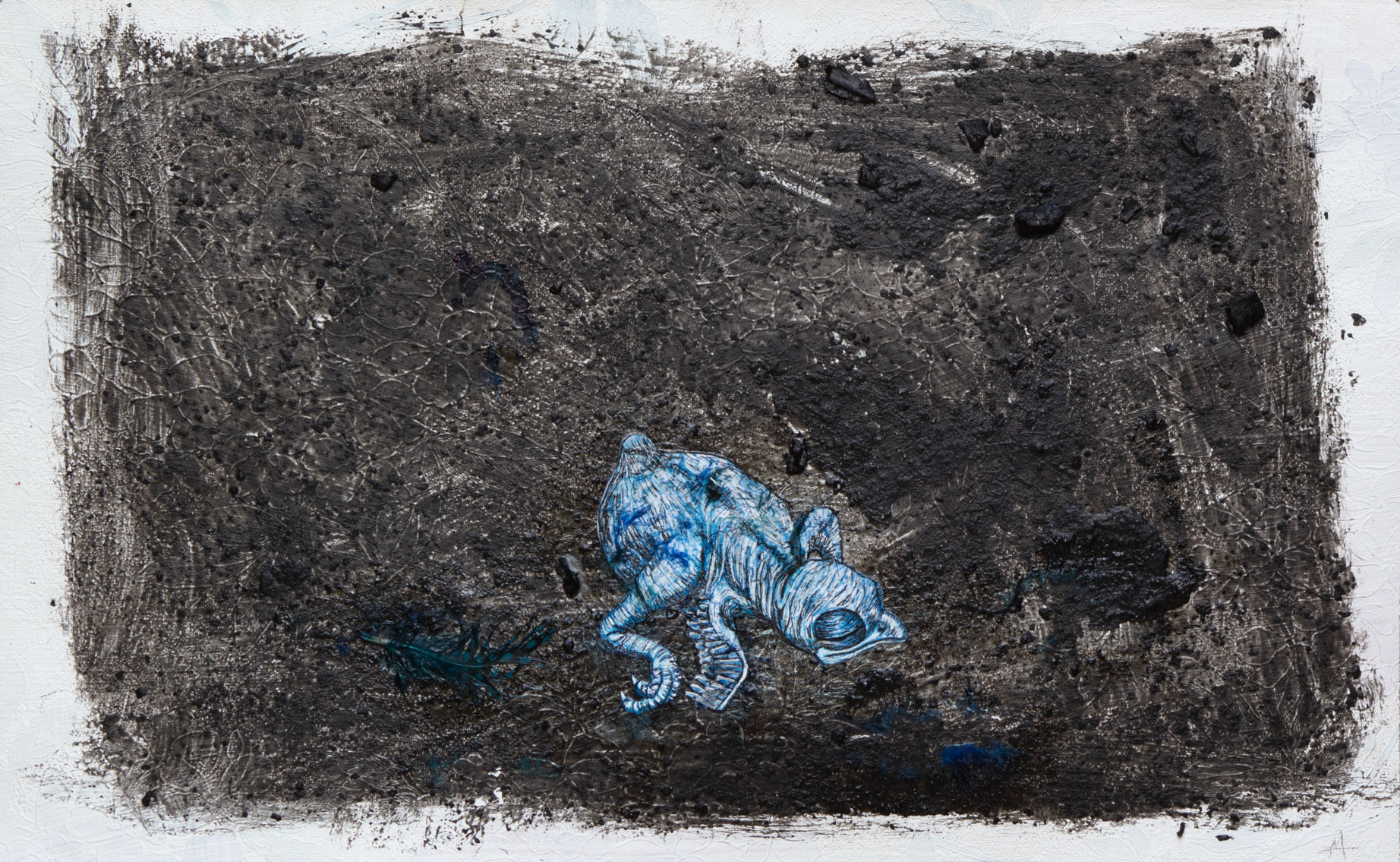Baby Bird, 2023, ink on paper, ash, glue, and feathers on wallpaper