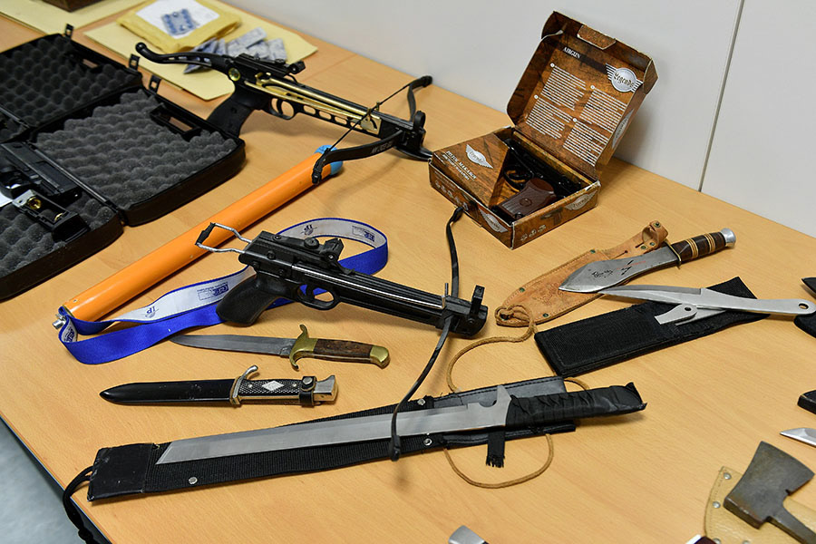 Confiscated weapons, drugs, cash money about 330,000 € and other items are on display at the main customs office in Krefeld, Germany, 30 January 2018. Thousands of special police and customs units were engaged in nationwide raids targeting organised illicit labour. (Photo by Sascha Steinbach/epa)
