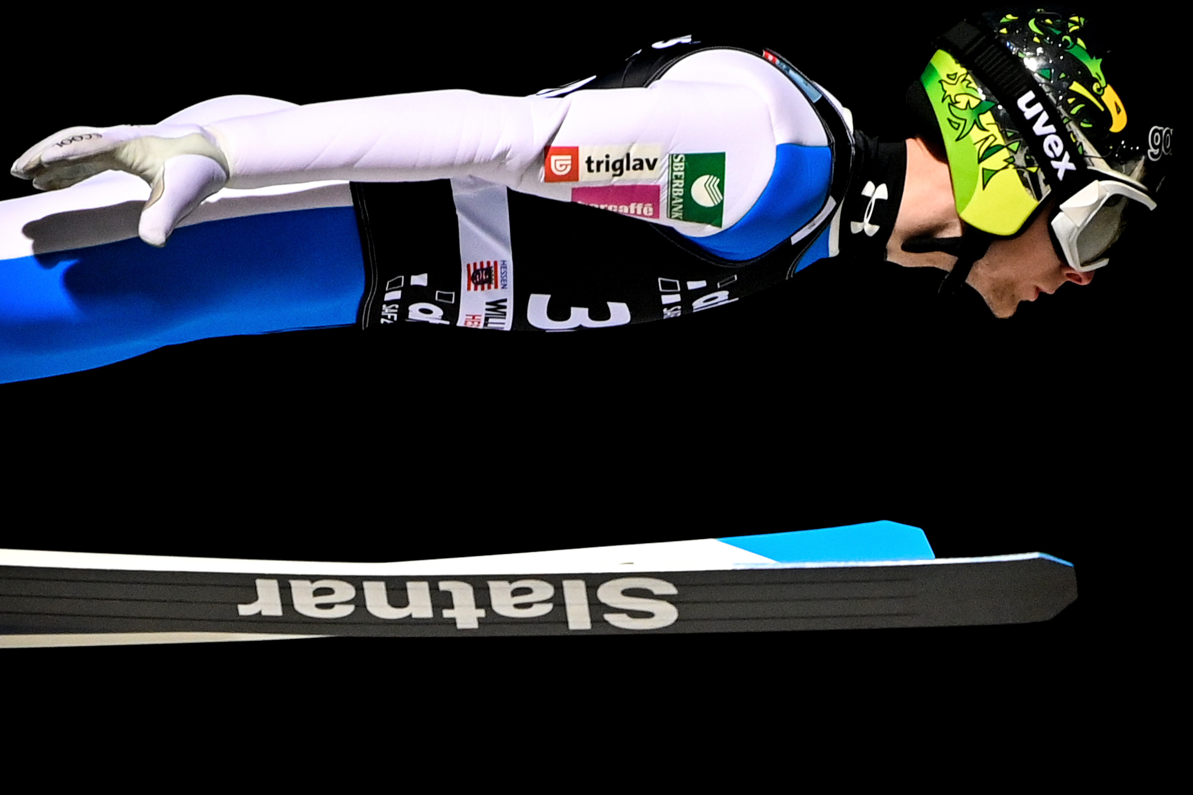 Lovro Kos of Slovenia in action during the men's large hill prologue of the FIS Ski Jumping World Cup in Willingen, Germany, 28 January 2022. (Photo by Sascha Steinbach/epa)
