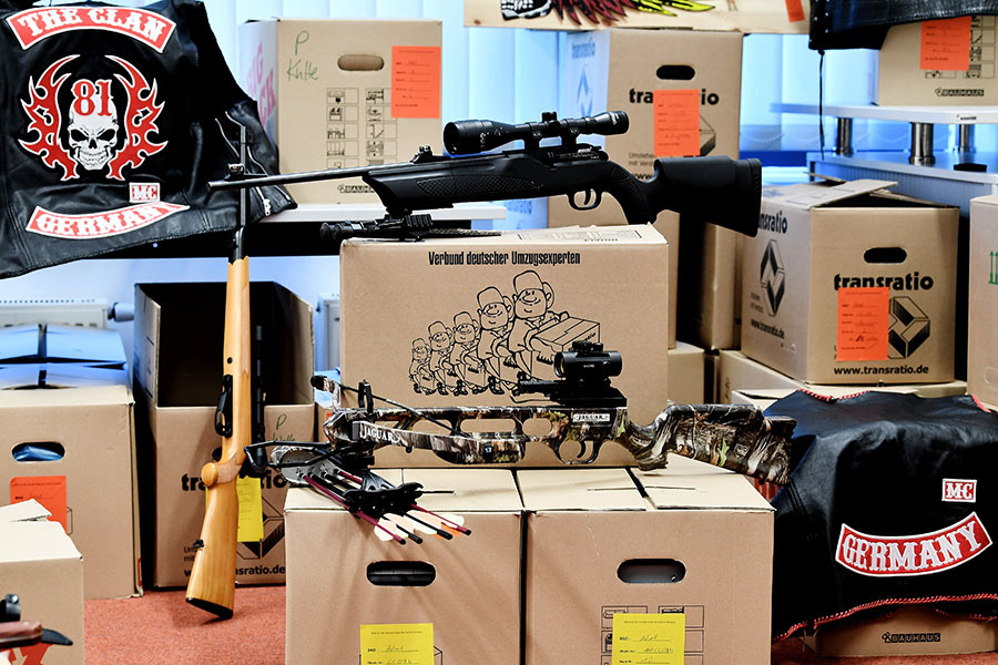 Confiscated weapons, drugs, cash money about 330,000 € and other items are on display at the main customs office in Krefeld, Germany, 30 January 2018. Thousands of special police and customs units were engaged in nationwide raids targeting organised illicit labour. (Photo by Sascha Steinbach/epa)