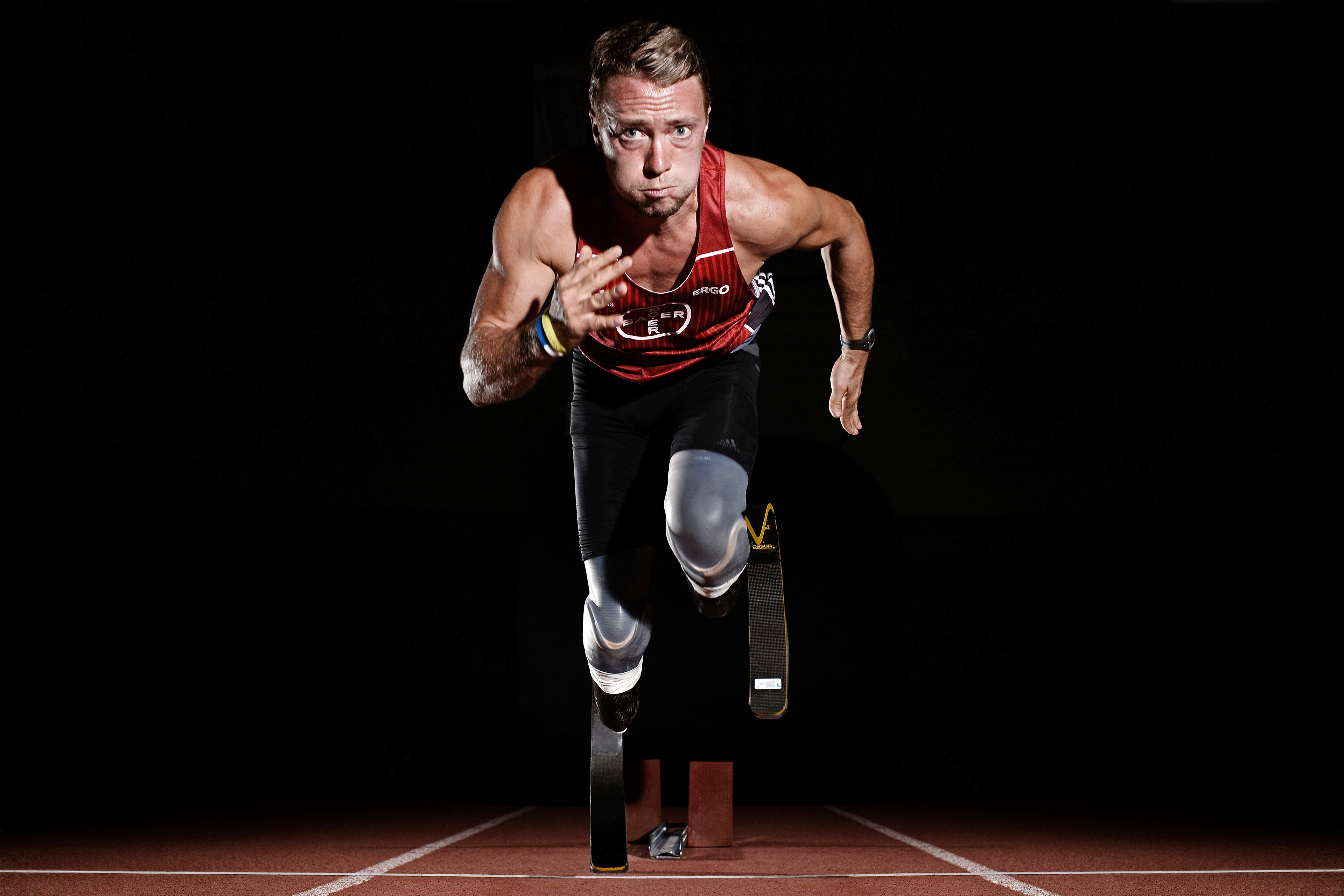 German disabled athlete and paralympian David Behre poses during a portrait shooting at TSV Bayer 04 Leverkusen on July 21, 2016 in Leverkusen, Germany. © Sascha Steinbach / action press