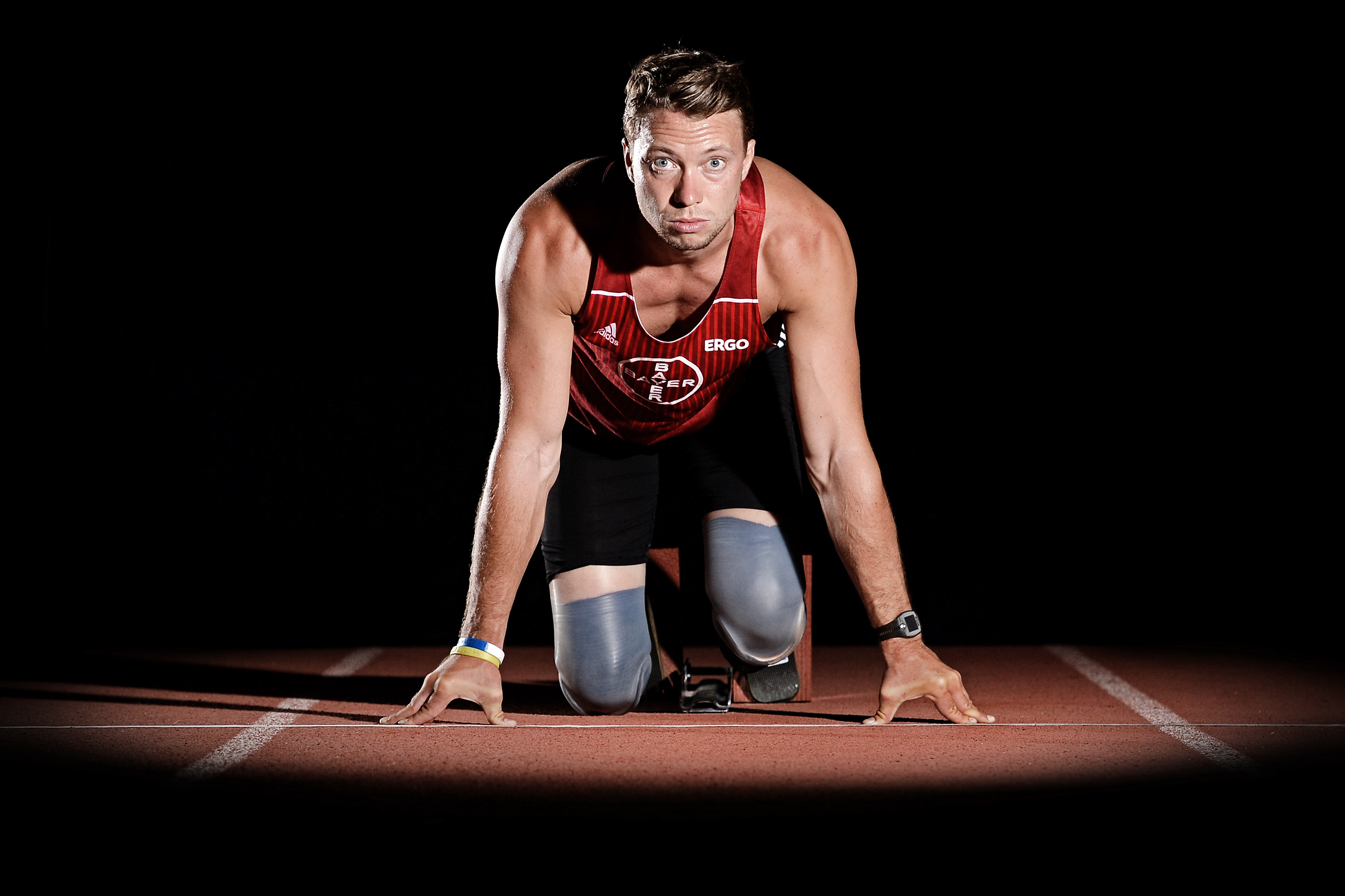German disabled athlete and paralympian David Behre poses during a portrait shooting at TSV Bayer 04 Leverkusen on July 21, 2016 in Leverkusen, Germany. © Sascha Steinbach / action press