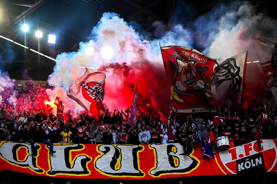 Cologne ultra supporters ignite red flares during the German Bundesliga soccer match between Fortuna Duesseldorf and 1. FC Koeln in Duesseldorf, Germany, 03 November 2019. (Photo by Sascha Steinbach/epa)