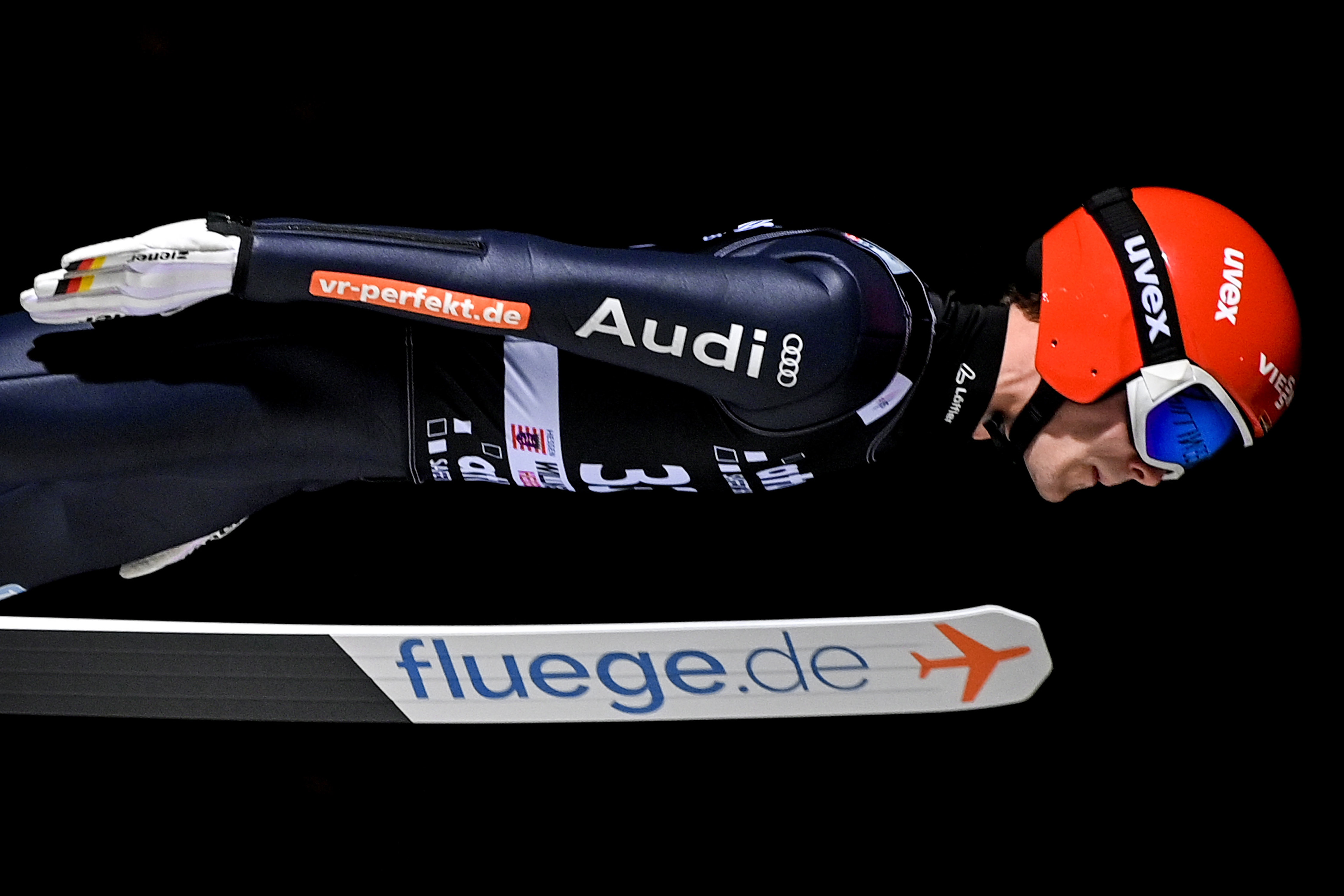 Constantin Schmid of Germany in action during the men's large hill prologue of the FIS Ski Jumping World Cup in Willingen, Germany, 28 January 2022. (Photo by Sascha Steinbach/epa)