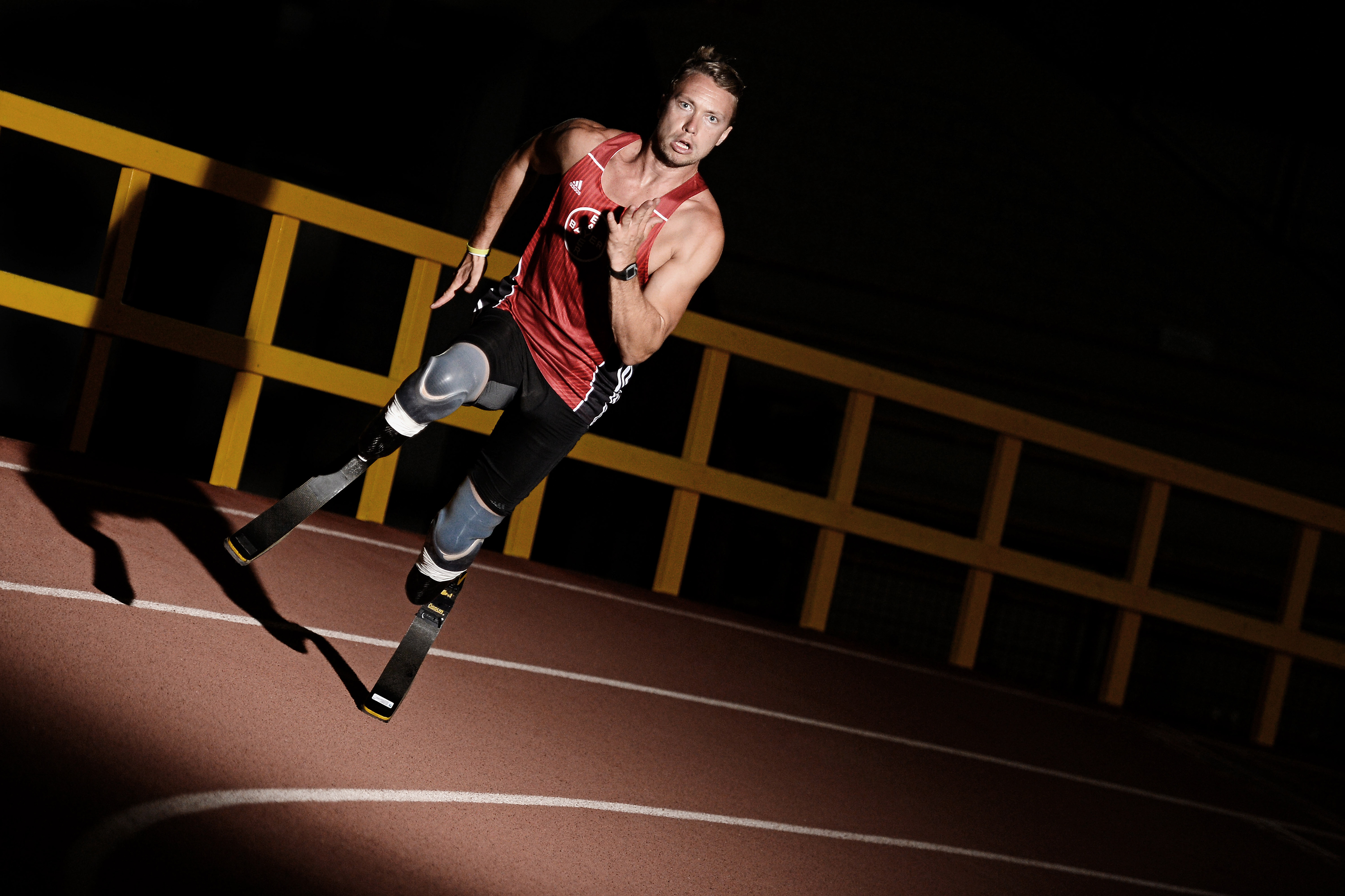 German disabled athlete and paralympian David Behre poses during a portrait shooting at TSV Bayer 04 Leverkusen on July 21, 2016 in Leverkusen, Germany. © Sascha Steinbach / action press