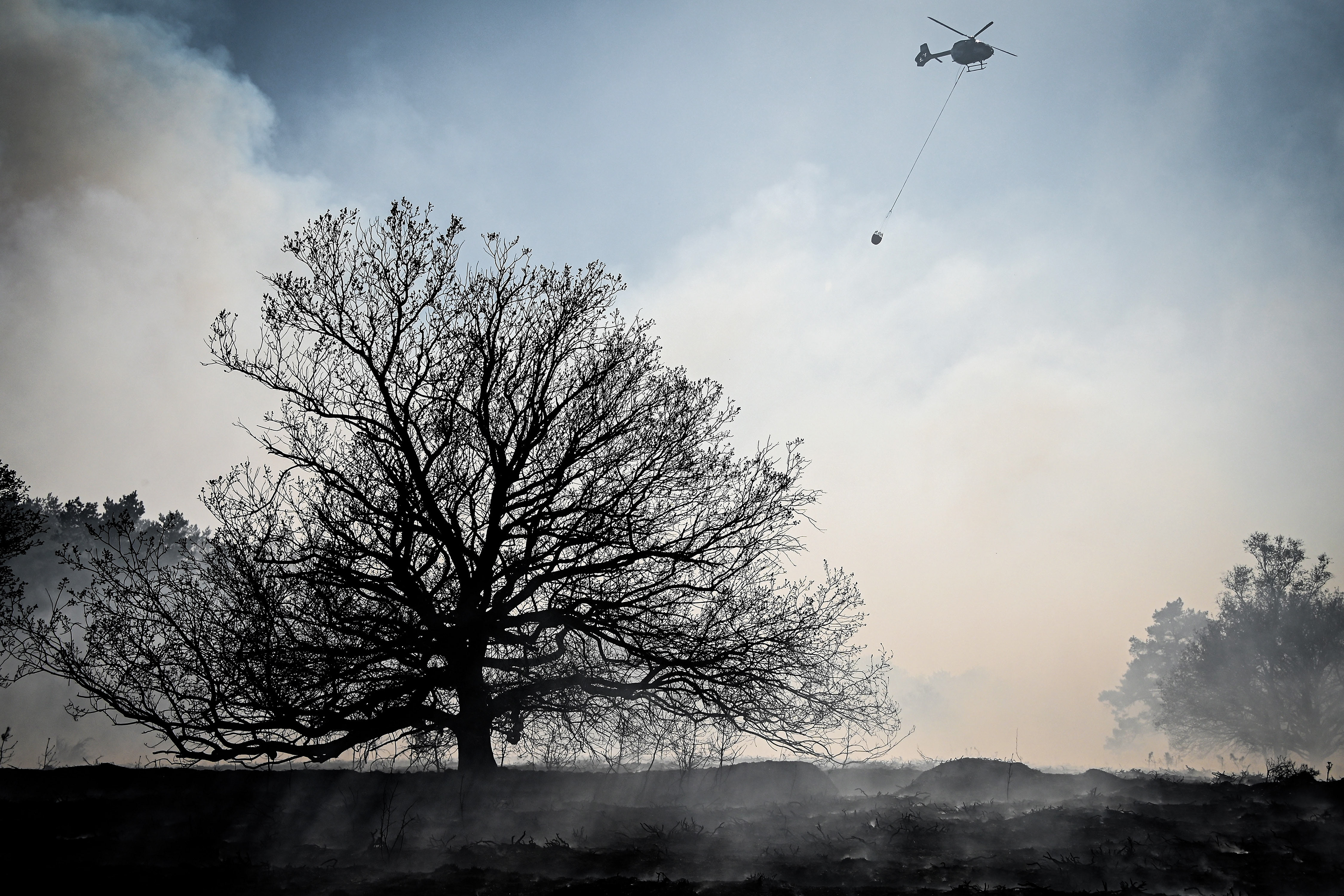 A helicopter throws water over a point of fire during a forest fire at the national park De Meinweg in the German-Dutch border area near Niederkruechten, Germany, 21 April 2020. (Photo by Sascha Steinbach/epa)