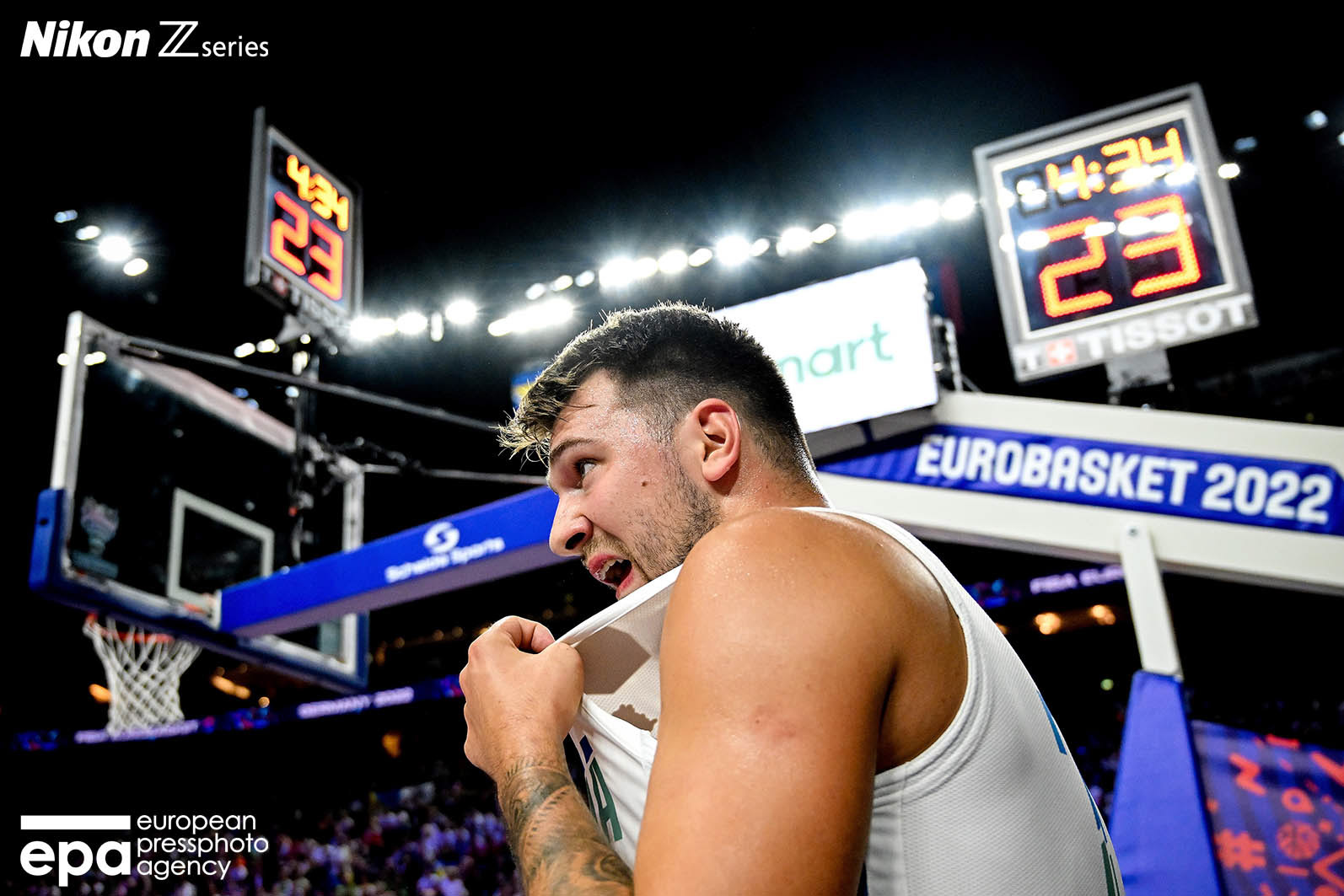 Luka Doncic of Slovenia reacts during the FIBA EuroBasket 2022 group B stage match between Bosnia and Herzegovina and Slovenia in Cologne, Germany, 04 September 2022.