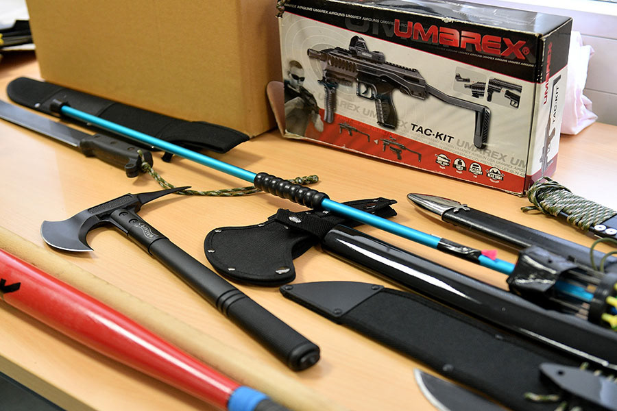 Confiscated weapons, drugs, cash money about 330,000 € and other items are on display at the main customs office in Krefeld, Germany, 30 January 2018. Thousands of special police and customs units were engaged in nationwide raids targeting organised illicit labour. (Photo by Sascha Steinbach/epa)