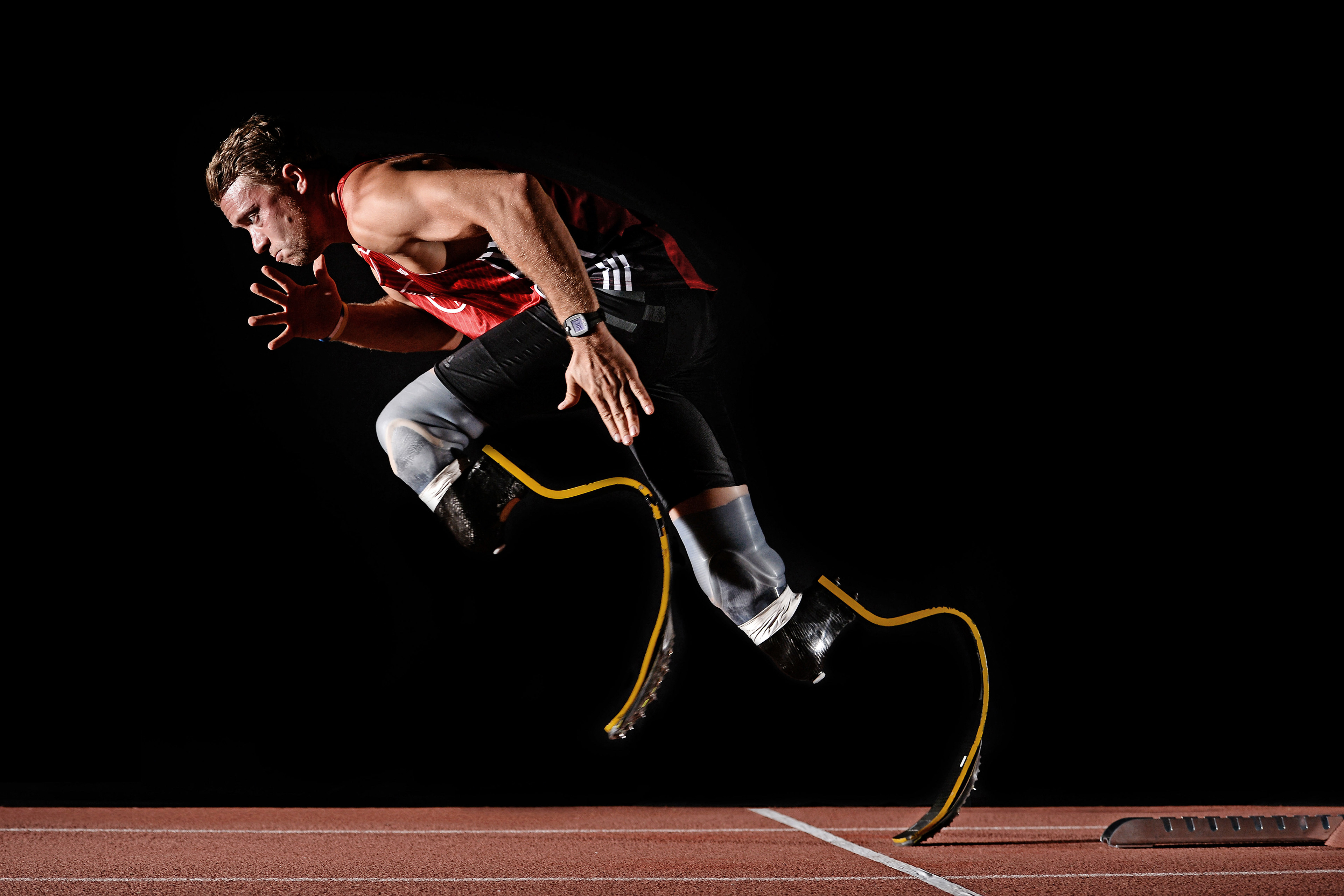 German disabled athlete and paralympian David Behre poses during a portrait shooting at TSV Bayer 04 Leverkusen on July 21, 2016 in Leverkusen, Germany. © Sascha Steinbach / action press