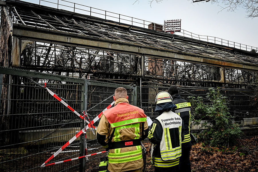 Firemen stand in front of the completely burned out ape house of the zoo in Krefeld, Germany, 01 January 2020. More than 30 animals died during the fire at the Krefeld Zoo in the New Year's night. (Photo by Sascha Steinbach/epa)