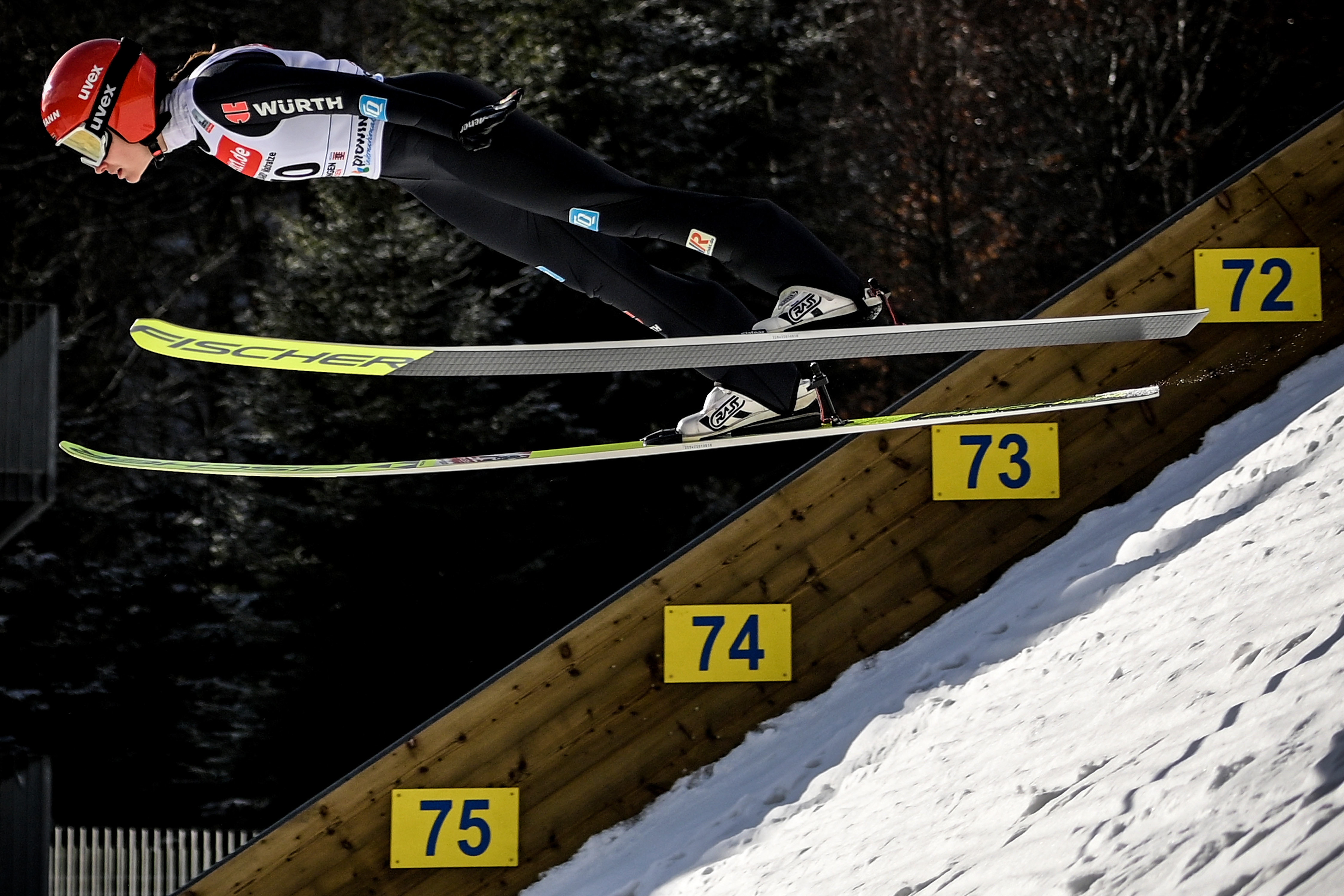 Selina Freitag of Germany in action during the women's large hill individual qualification round of the FIS Ski Jumping World Cup in Willingen, Germany, 28 January 2022. (Photo by Sascha Steinbach/epa)