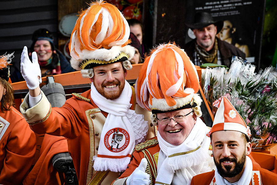 Cologne's goalkeeper Timo Horn (L) celebrates on a float during a carnival parade in Cologne, Germany, 12 February 2018. Rose Monday is the traditional highlight of the carnival season in many German cities. (Photo by Sascha Steinbach/epa)
