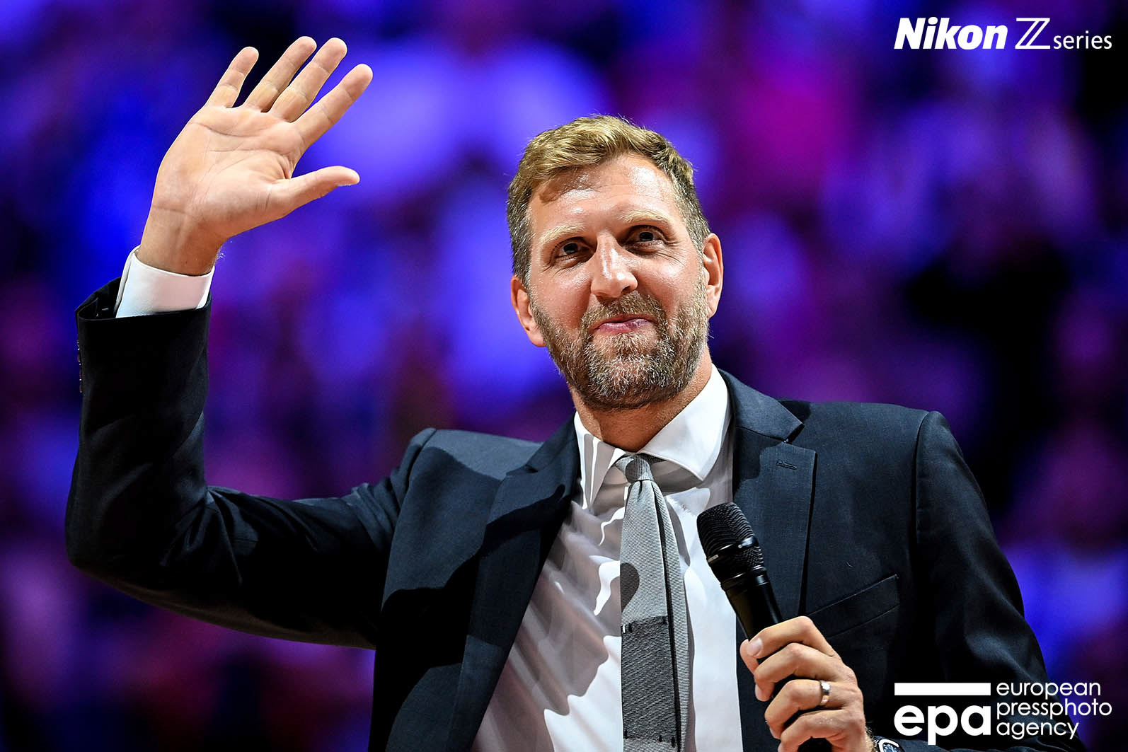 Former German basketball player Dirk Nowitzki reacts during his jersey retirement ceremony at the FIBA EuroBasket 2022 in Cologne, Germany, 01 September 2022.