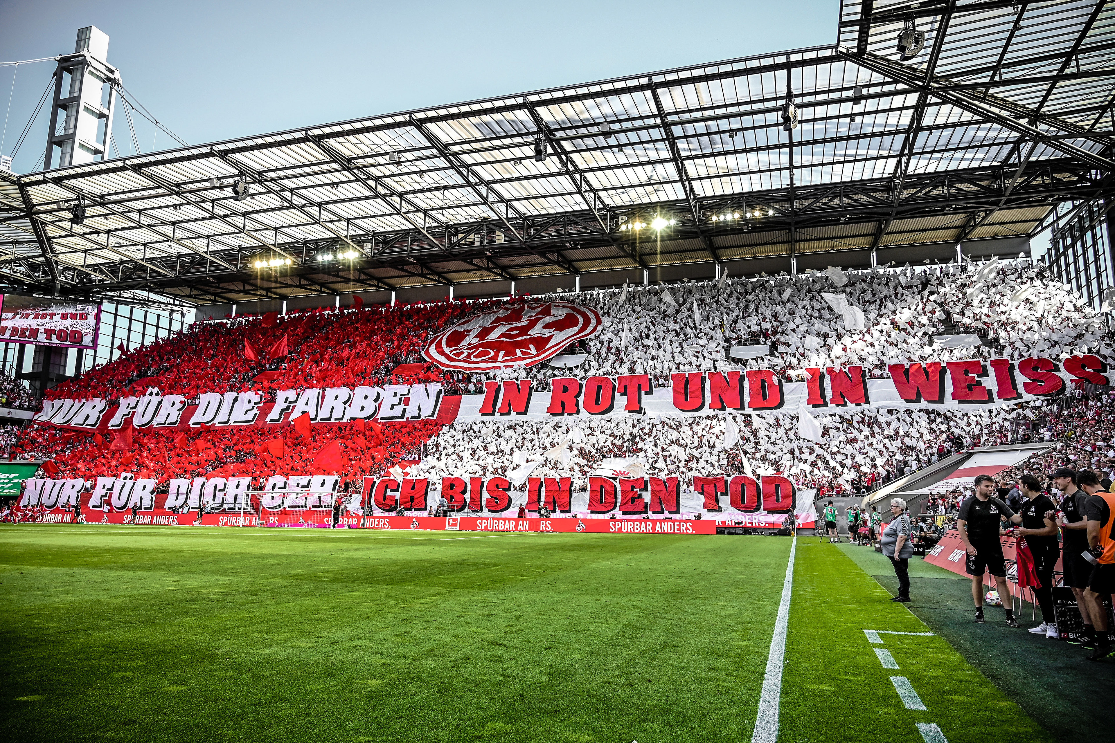 Cologne supporters in the stands show their choreography prior to the German Bundesliga soccer match between 1. FC Koeln and FC Schalke 04 in Cologne, Germany, 07 August 2022. (Photo by Sascha Steinbach/epa)
