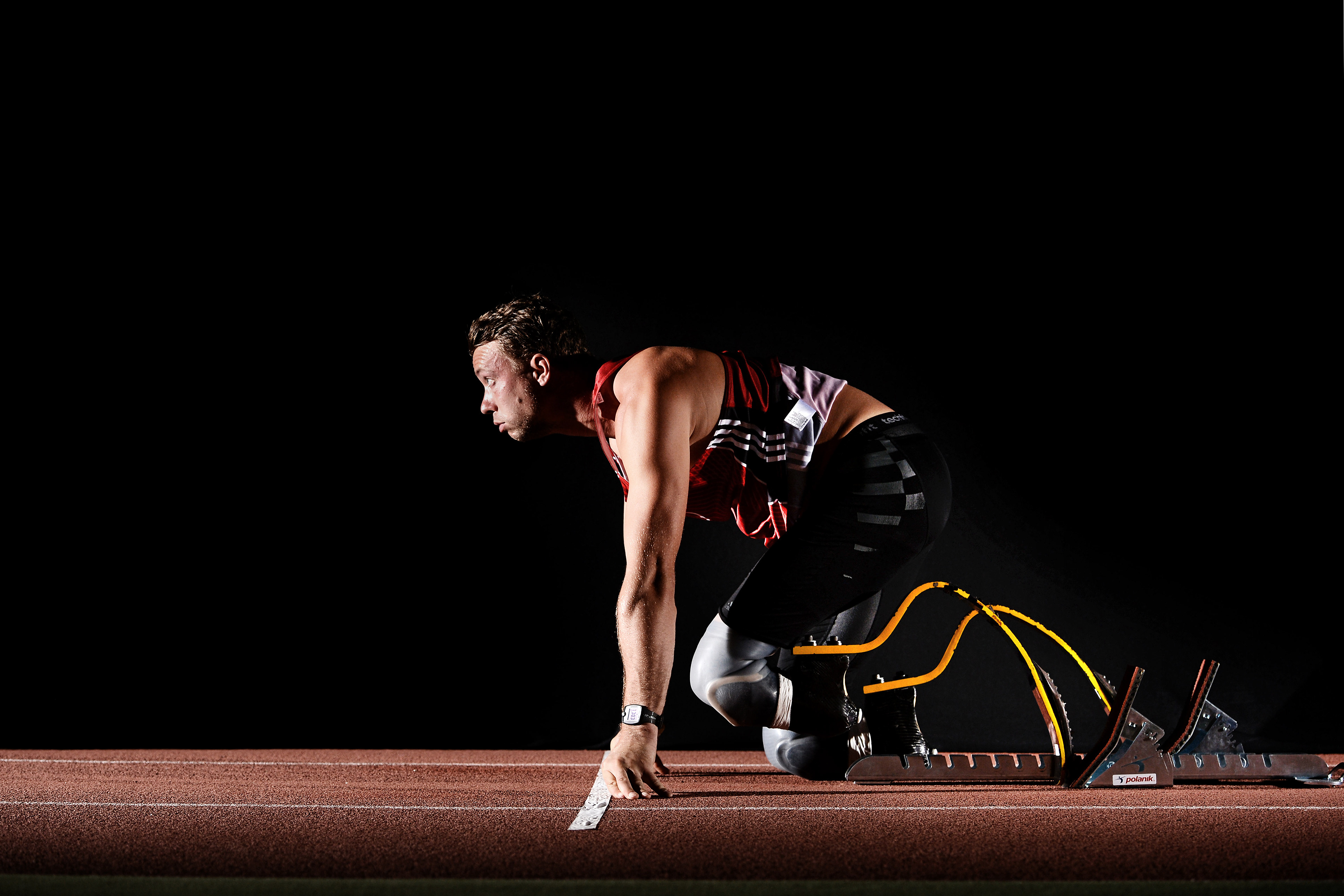 German disabled athlete and paralympian David Behre poses during a portrait shooting at TSV Bayer 04 Leverkusen on July 21, 2016 in Leverkusen, Germany. © Sascha Steinbach / action press