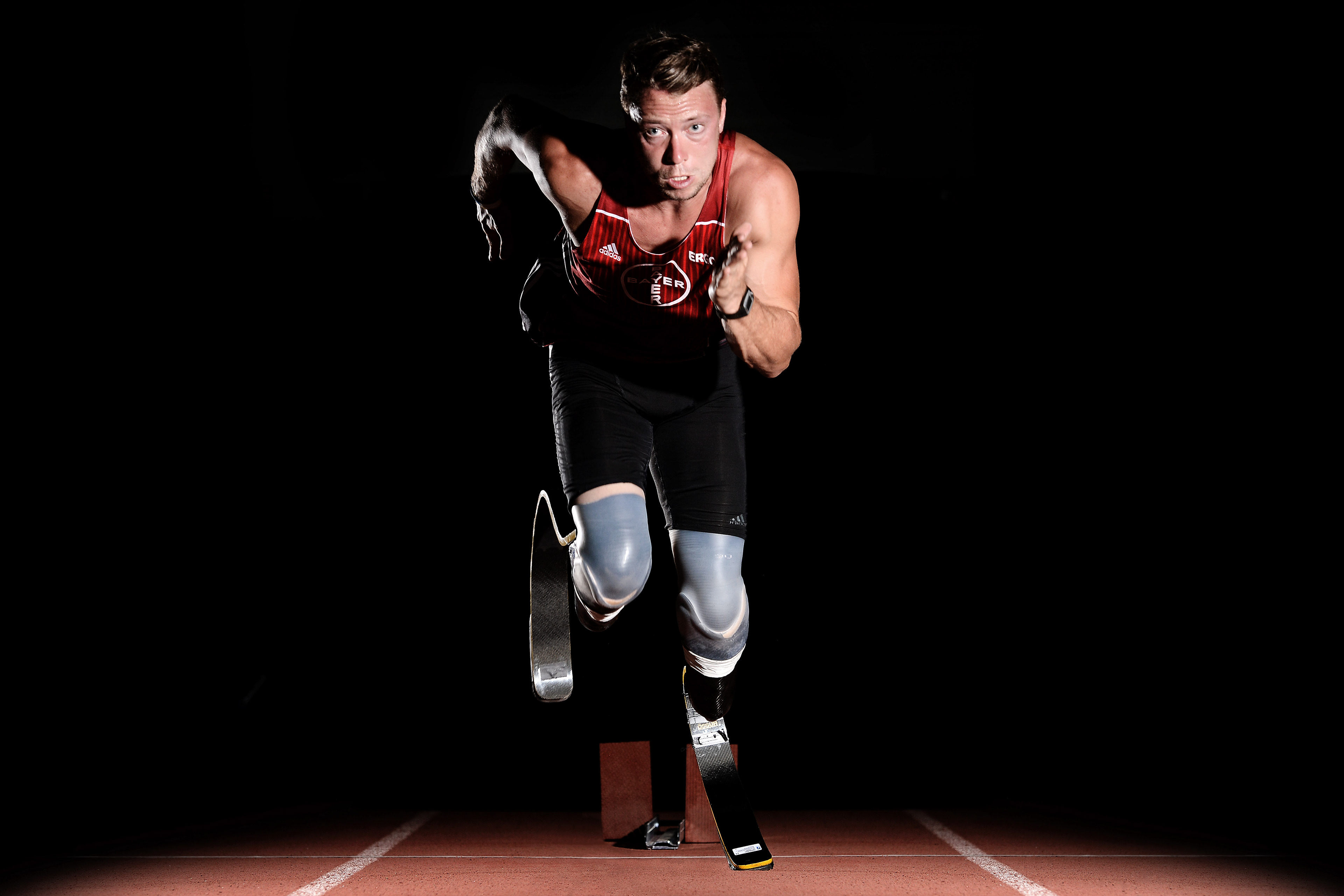 German disabled athlete and paralympian David Behre poses during a portrait shooting at TSV Bayer 04 Leverkusen on July 21, 2016 in Leverkusen, Germany. © Sascha Steinbach / action press