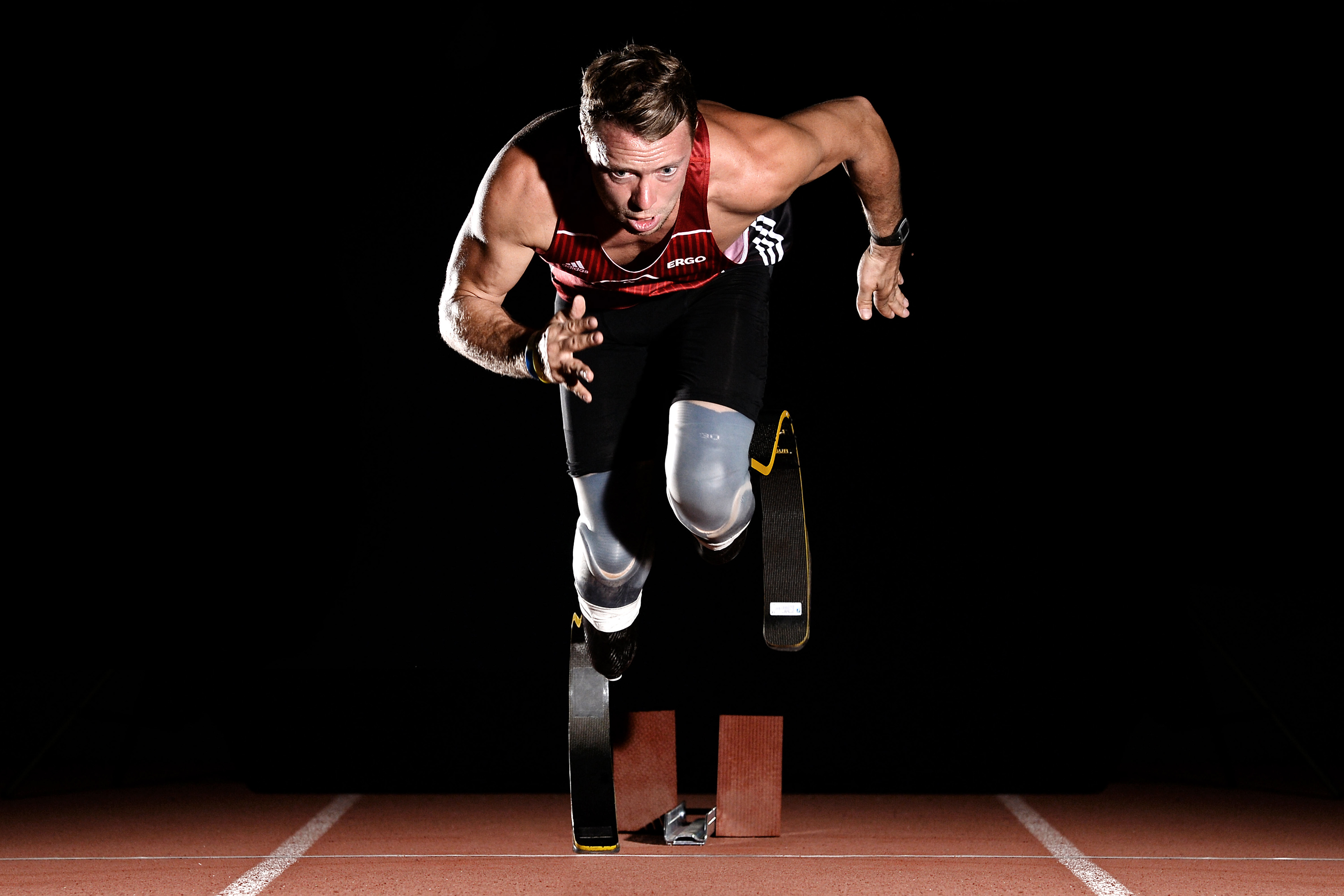 German disabled athlete and paralympian David Behre poses during a portrait shooting at TSV Bayer 04 Leverkusen on July 21, 2016 in Leverkusen, Germany. © Sascha Steinbach / action press