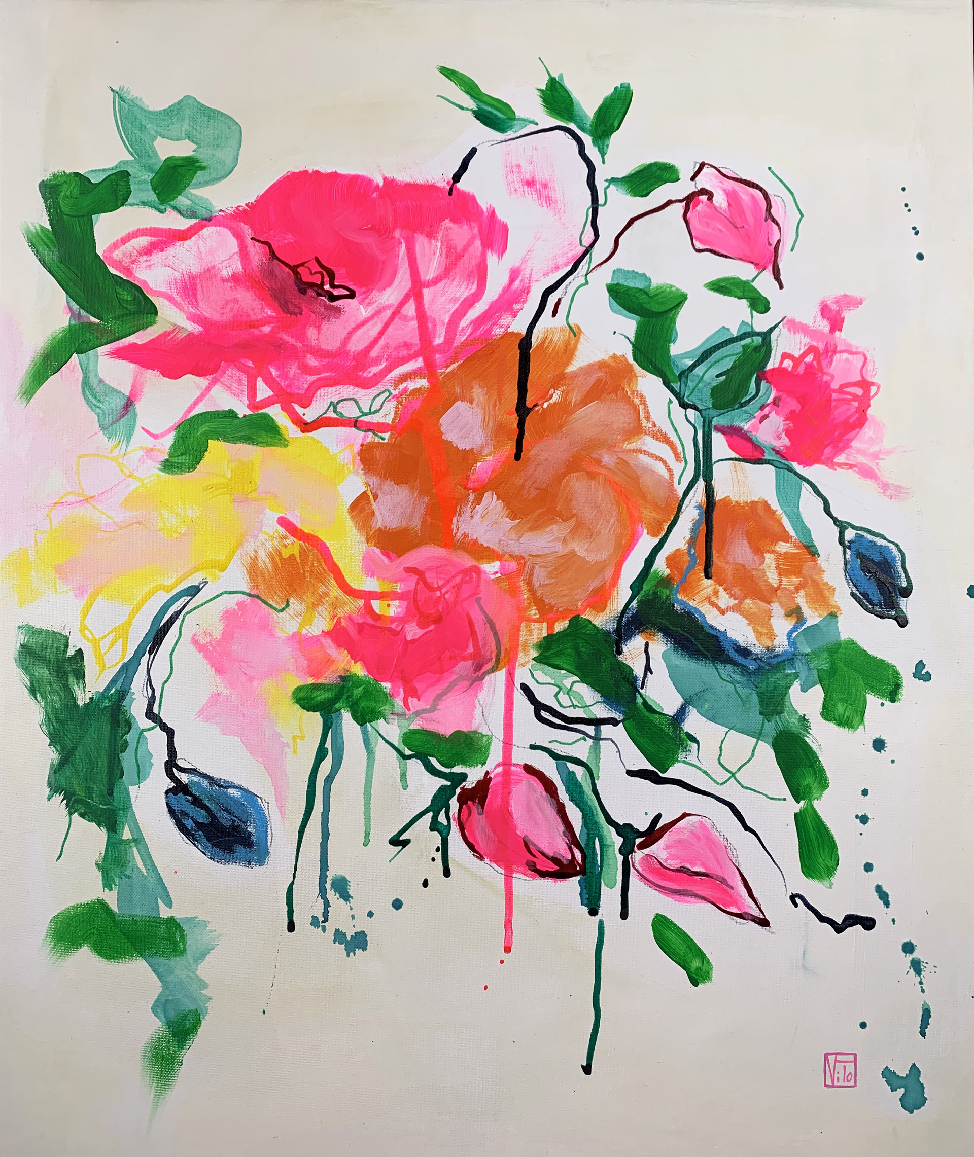 Bouquet à la rose acrylique, encre, pastel sur toile, 46 x 55 cm