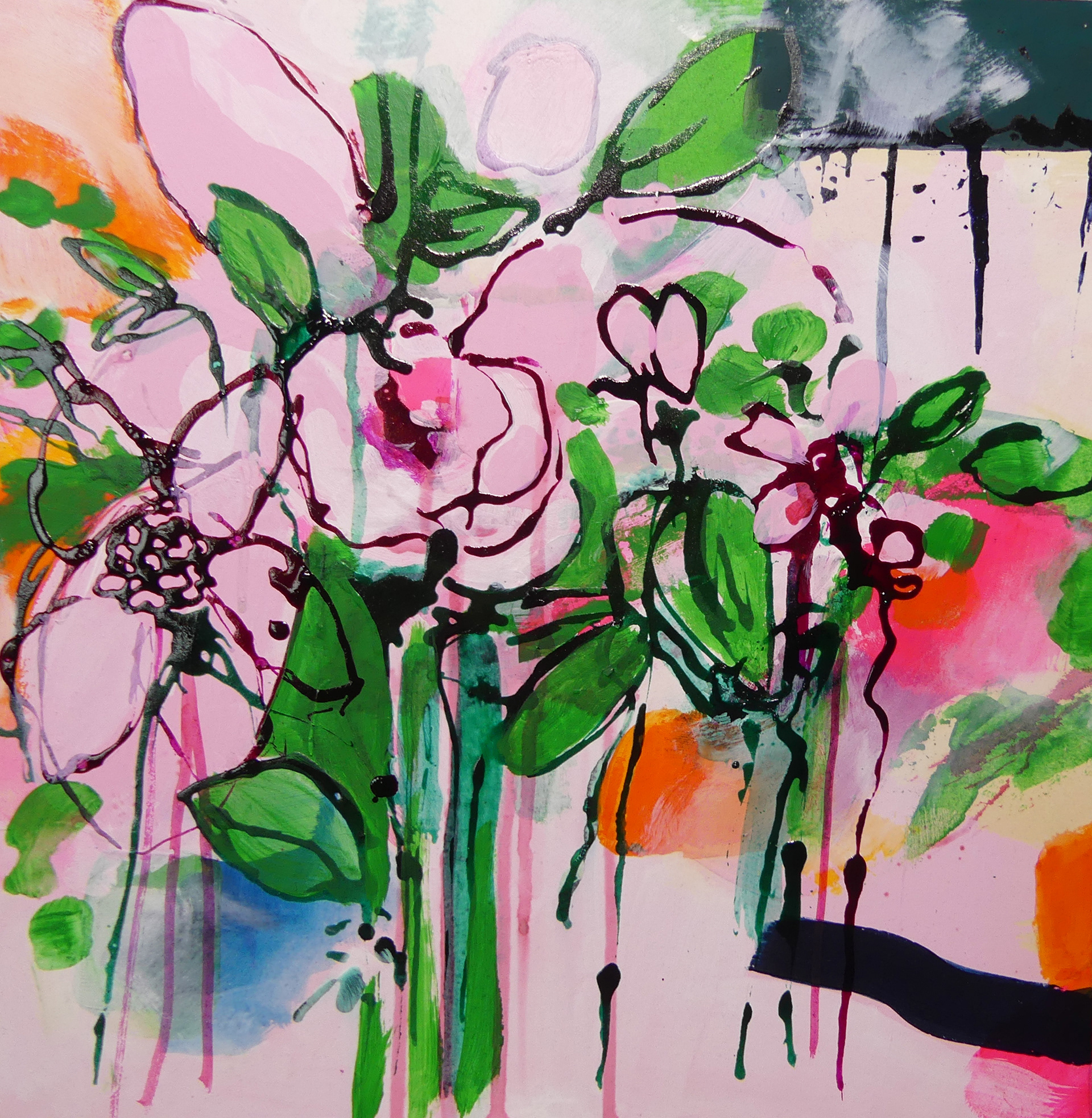 Flowers II, 38 x 38 cm, acrylique et encre sur papier cartonné
