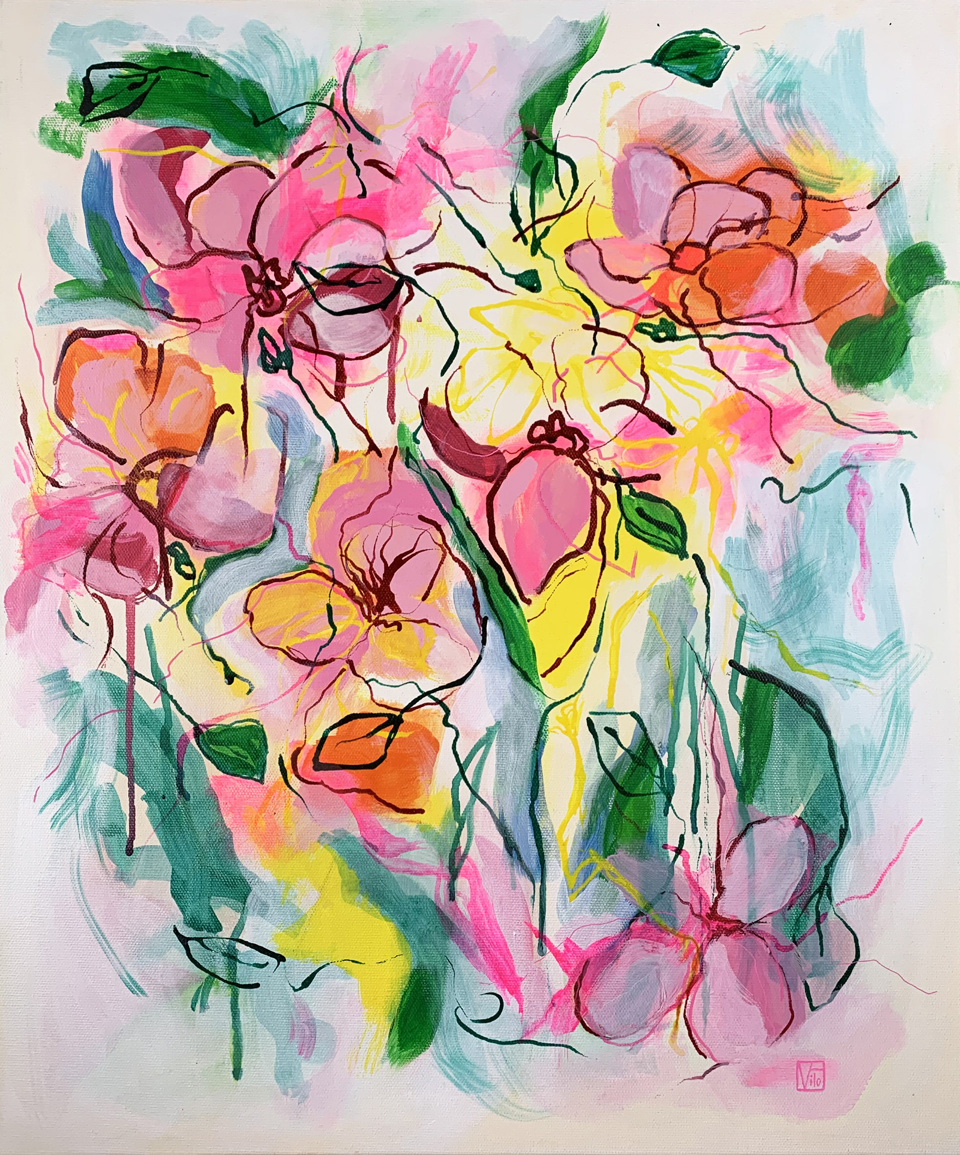 Bouquet jaune /rose acrylique, encre, pastel sur toile, 46 x 55 cm