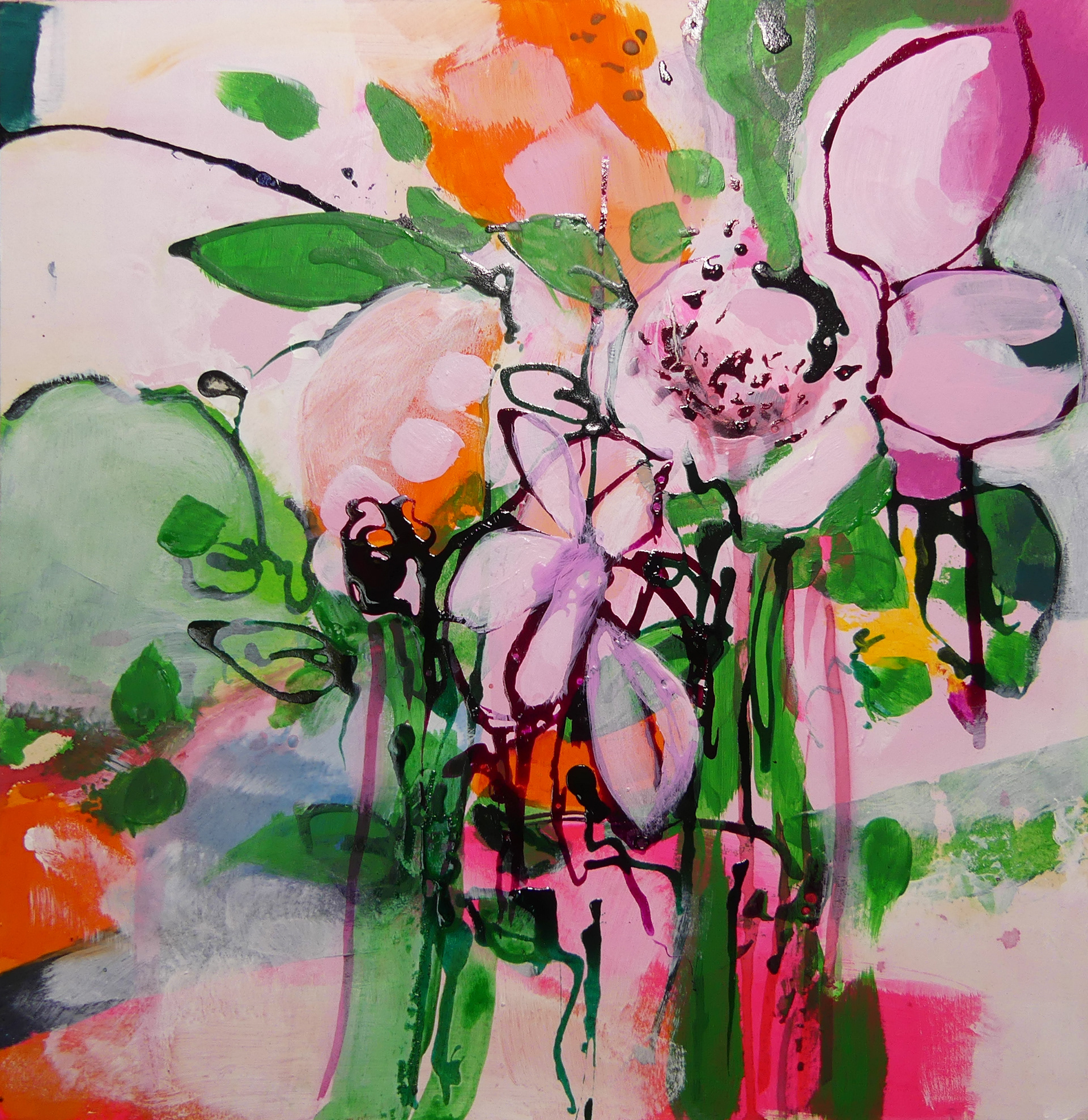 Flowers I, 38 x 38 cm, acrylique et encre sur papier cartonné