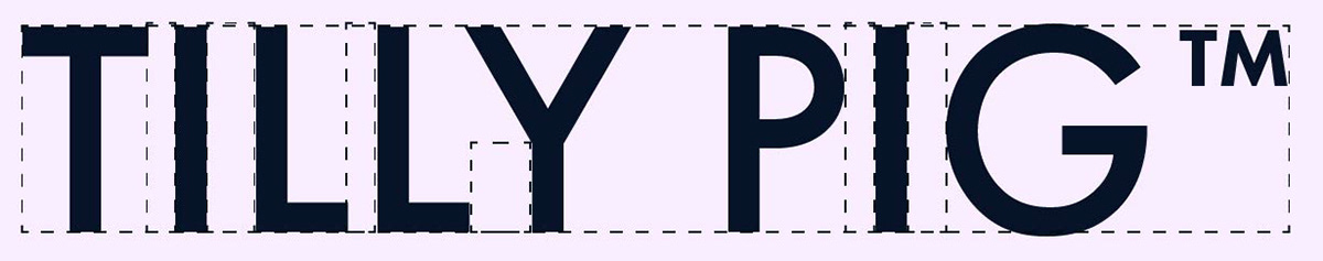 Tilly Pig Wordmark grid, the grid shows the kerning which was used to create the logotype