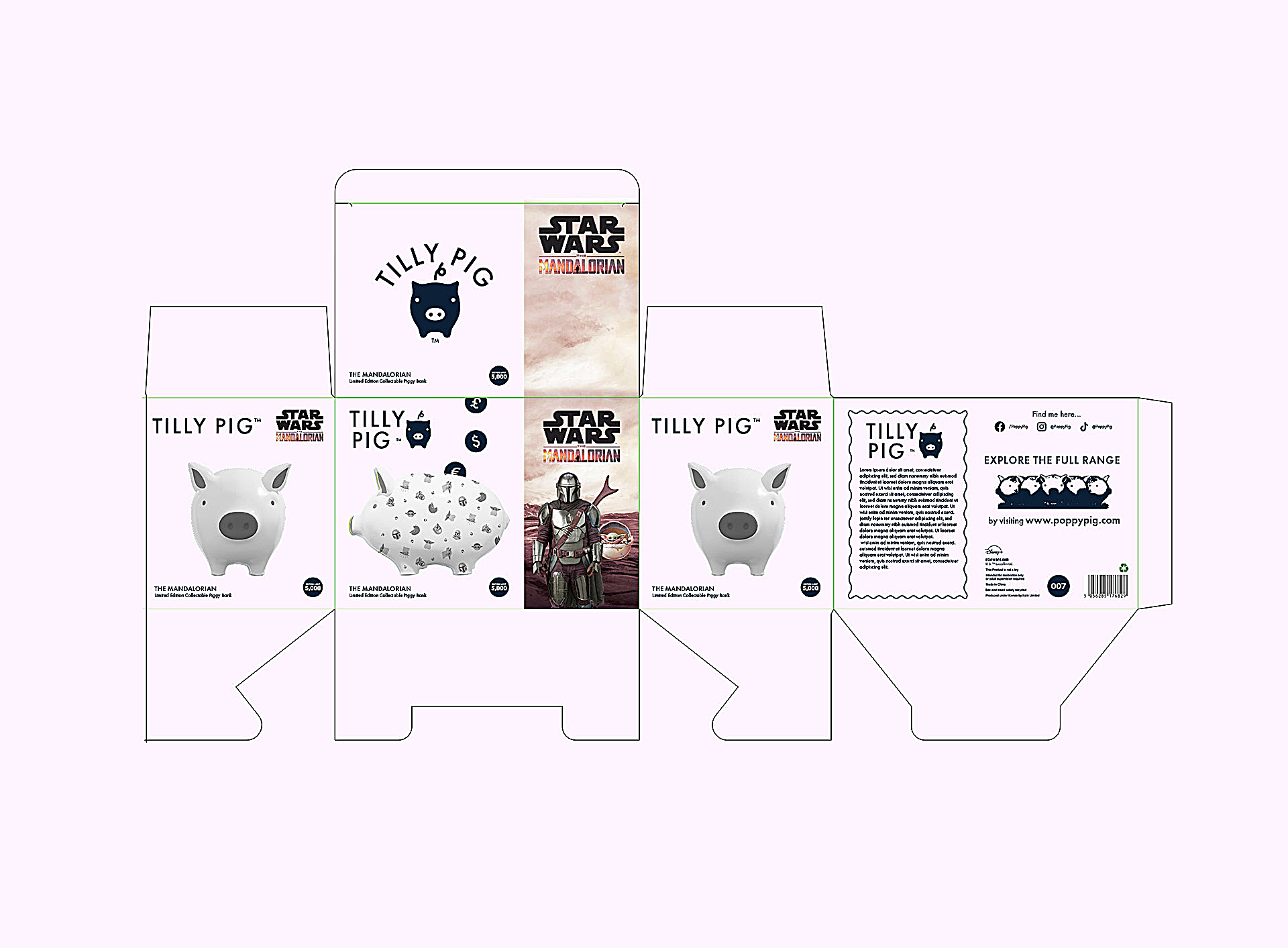 the dielines for clean and minimal Tilly Pig packaging design, the design features the StarWars franchise