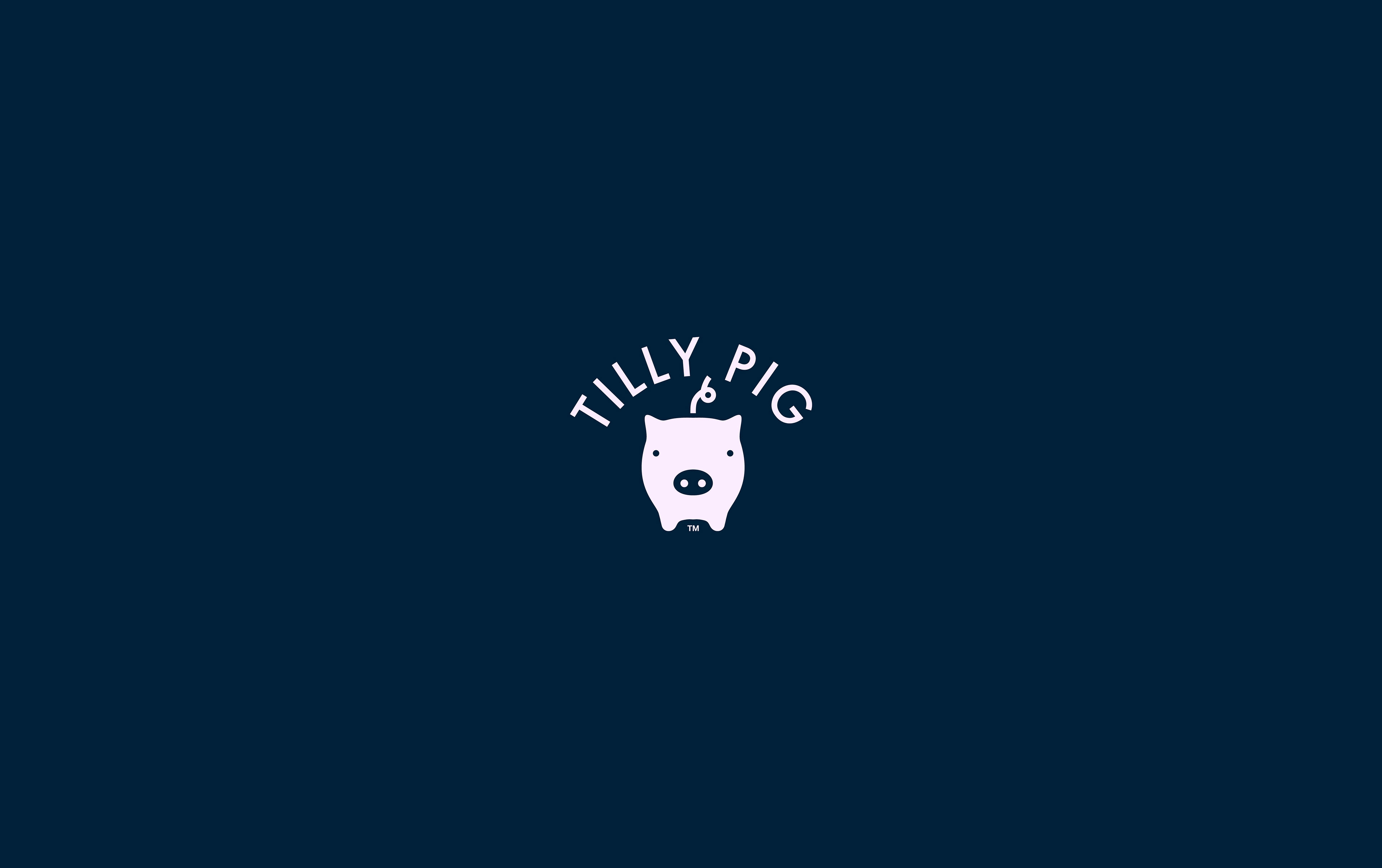 The Tilly Pig logo as a dark theme, the image shows the tilly pig logo design without any distractions and with generous amounts of space to help give the logo plenty of breathing room