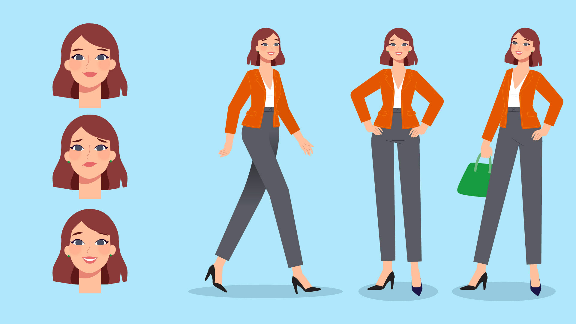 Final character design for the Bekunis campaign protagonist, contrasting facial expressions for discomfort and well-being after relief